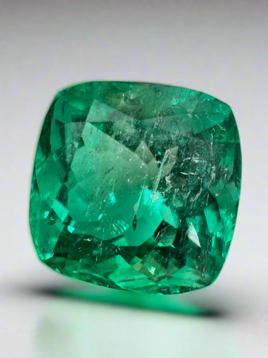13.88 Carat 14x14mm Bluish Green Cushion Cut Loose Colombian Emerald - Ethically Mined Natural Gemstone for Jewelry Making, Engagement Rings & Luxury Gifts