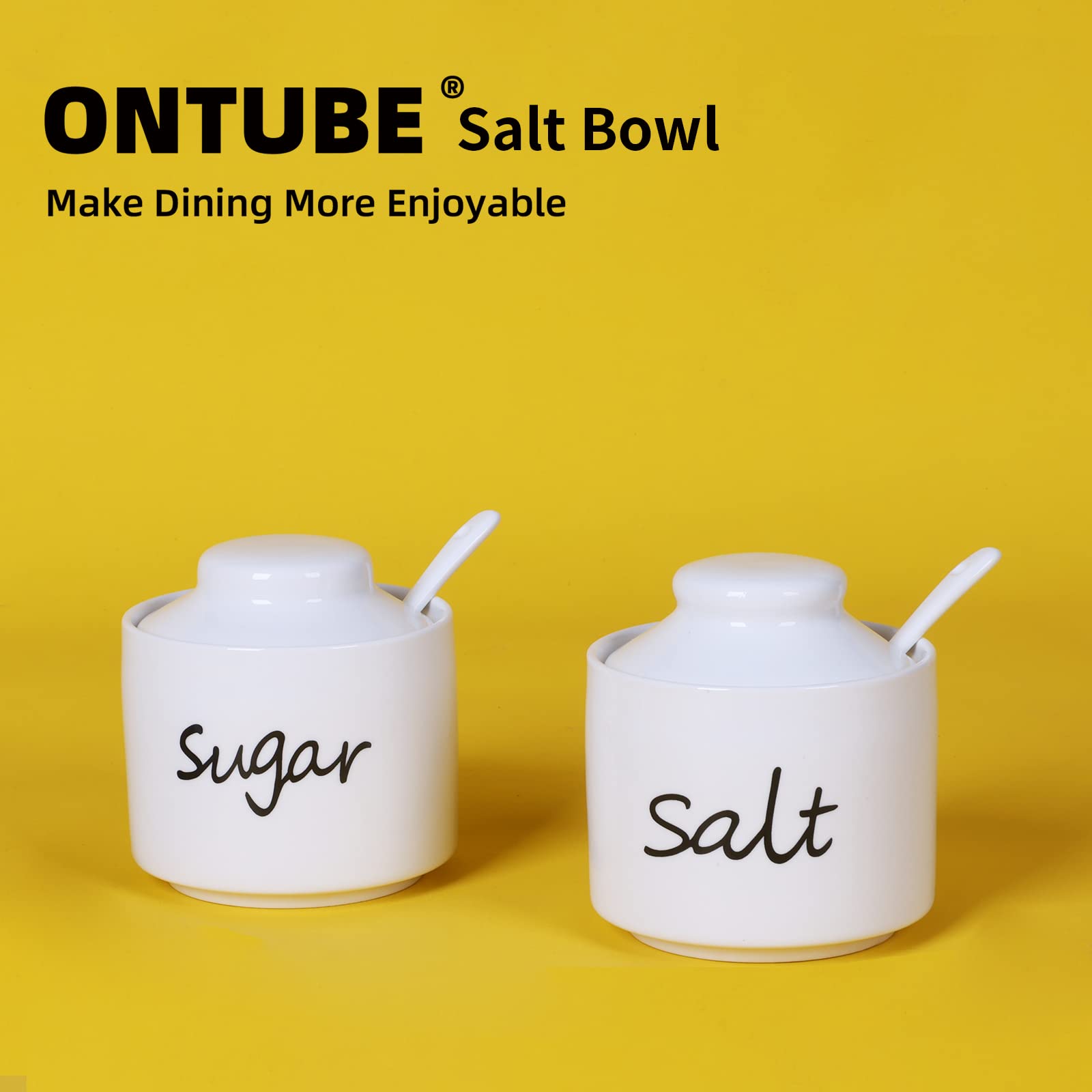 ONTUBE 8 oz Ceramic Sugar and Salt Bowls with Lid & Spoon - Airtight Kitchen Spice Storage Containers for Seasonings, Coffee, Tea | Dishwasher Safe, Elegant White for Countertop & Dining Table Decor
