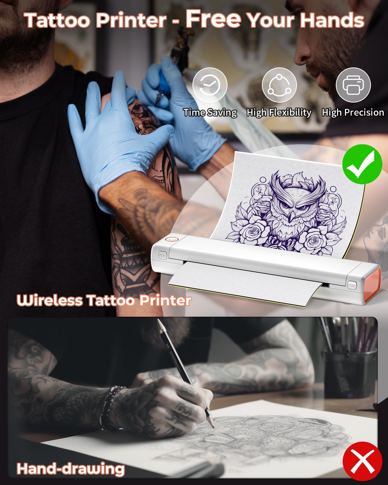 Itari M08F Wireless Tattoo Stencil Printer - Bluetooth Thermal Transfer Machine for Tattoo Artists, Includes 10pcs Stencil Paper, Works with Smartphone & PC - Perfect for Tattoo Studio, Home Practice & Professional Tattoo Design