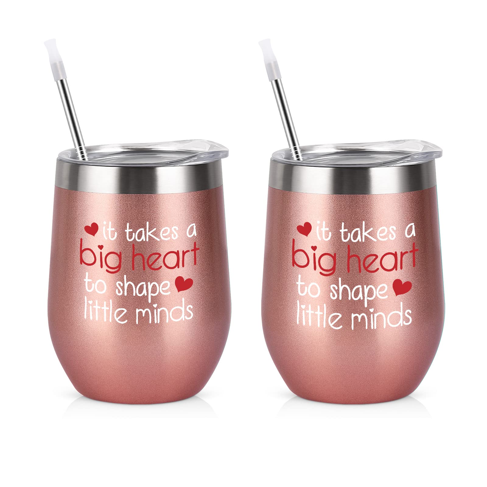 Gingprous 2-Pack Rose Gold Stainless Steel Wine Tumblers with Lid - 12oz Insulated Teacher Appreciation Gifts for Women, Bulk Christmas & Birthday Presents - Perfect for Coffee, Wine, or Iced Beverages at School, Home, or Office