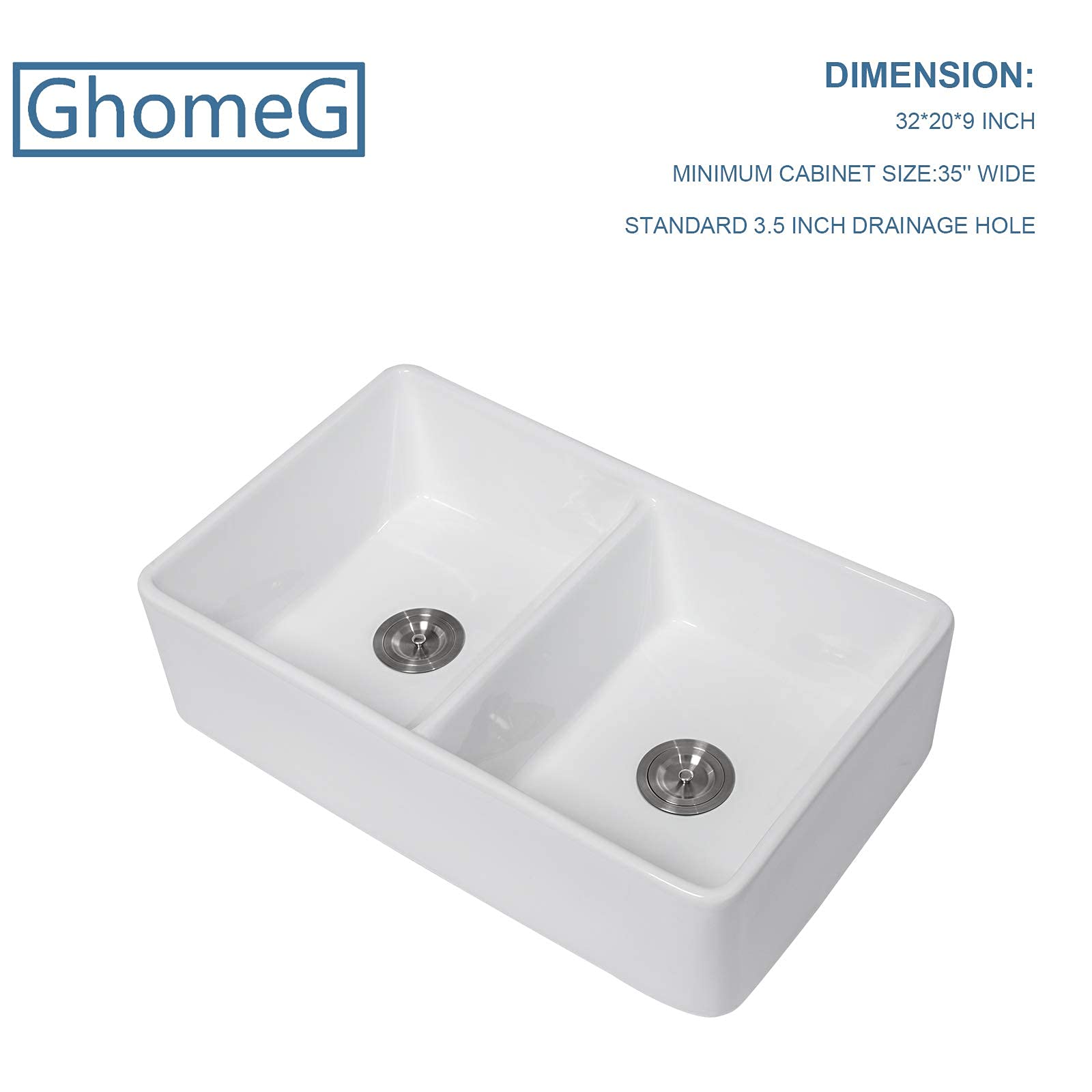 32x20 Inch White Farmhouse Kitchen Sink - GhomeG Double Bowl 50/50 Apron-Front Porcelain Ceramic Fireclay Sink (32x20x9 Inch) - Perfect for Rustic Kitchens, Country Homes & Modern Farmhouse Decor