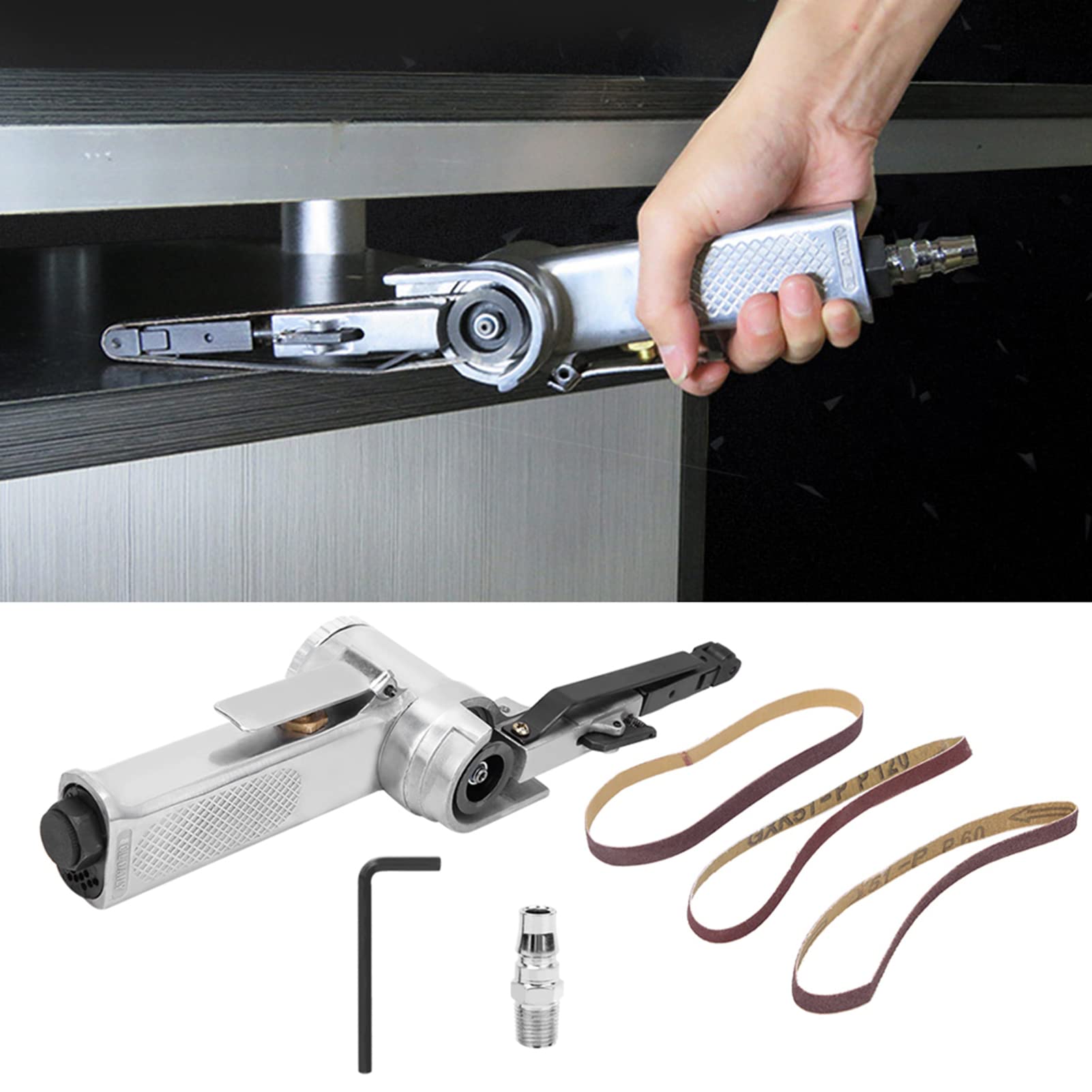10mm Handheld Pneumatic Belt Sander with 1/4in Inlet Thread - Industrial Air Belt Sander for Wood, Metal, Glass & Furniture - Perfect for Sanding, Polishing & Surface Preparation in Woodworking & Metalworking Projects