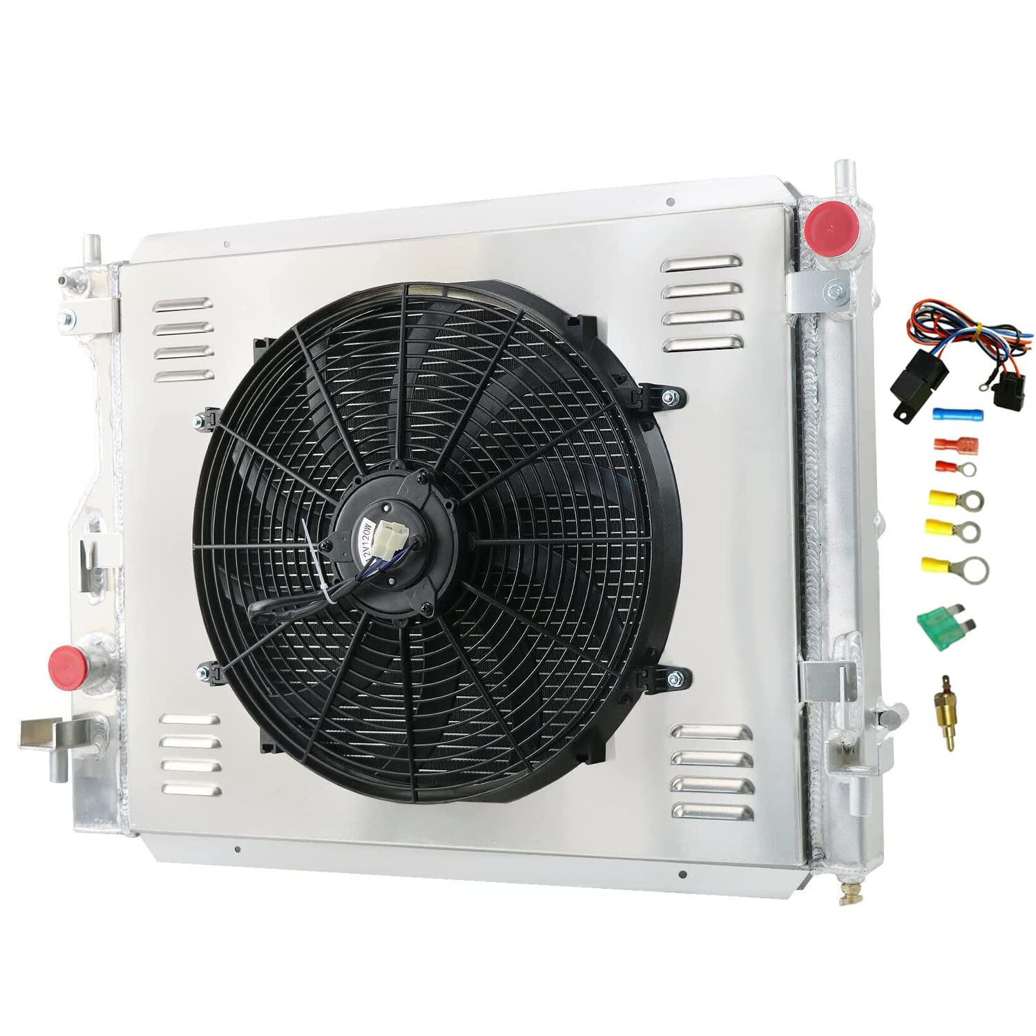 High-Performance Aluminum Radiator Replacement for 2005-2014 Ford Mustang 3.9L-5.0L V8 - 3-Row Core with Electric Fan Shroud & Thermostat Kit - Perfect for Racing, Off-Road & Daily Driving
