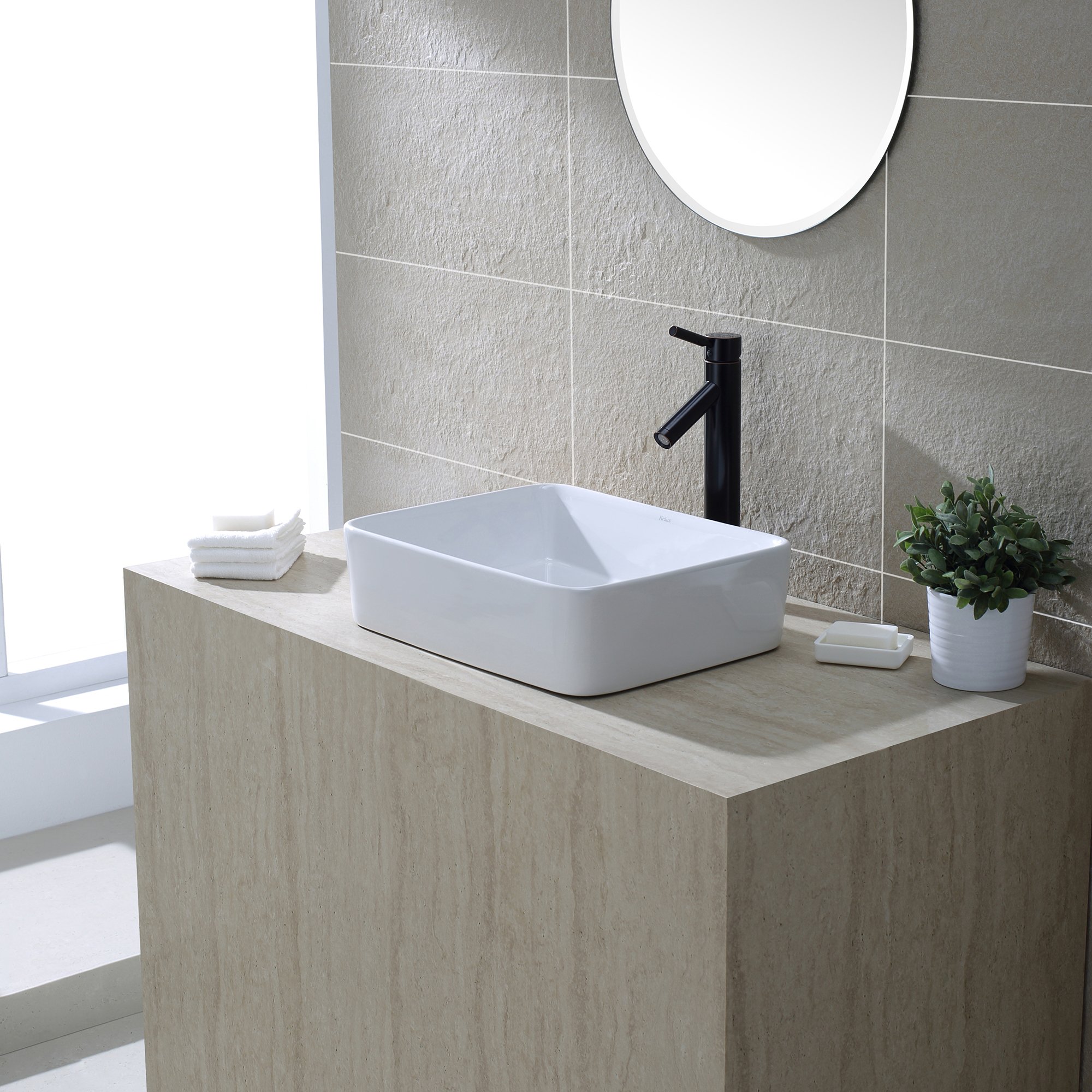 Kraus KCV-121-ORB White Rectangular Ceramic Kitchen Sink with Pop-Up Drain, Oil Rubbed Bronze Finish - Perfect for Modern Farmhouse & Rustic Bathroom Renovations