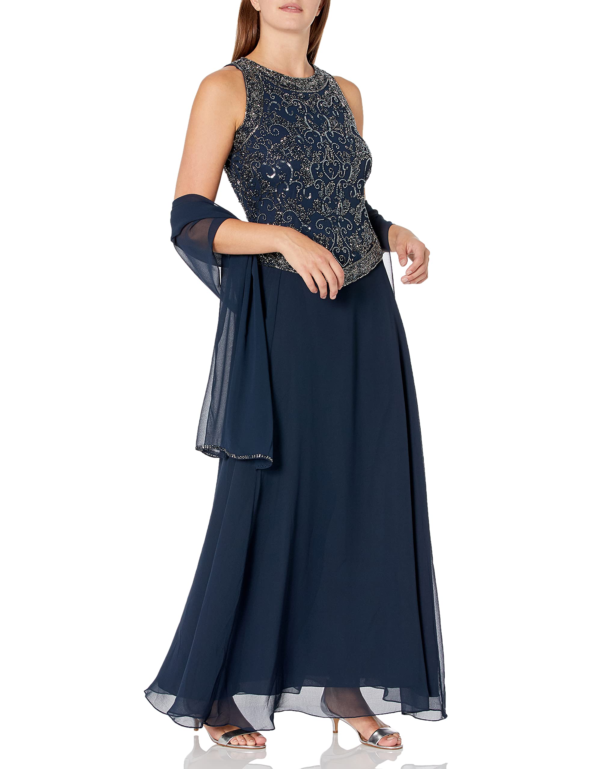 J Kara Women's Sleeveless Mock 2 Piece Beaded Bodice Flare Dress - Elegant Evening Gown for Parties, Weddings & Special Occasions