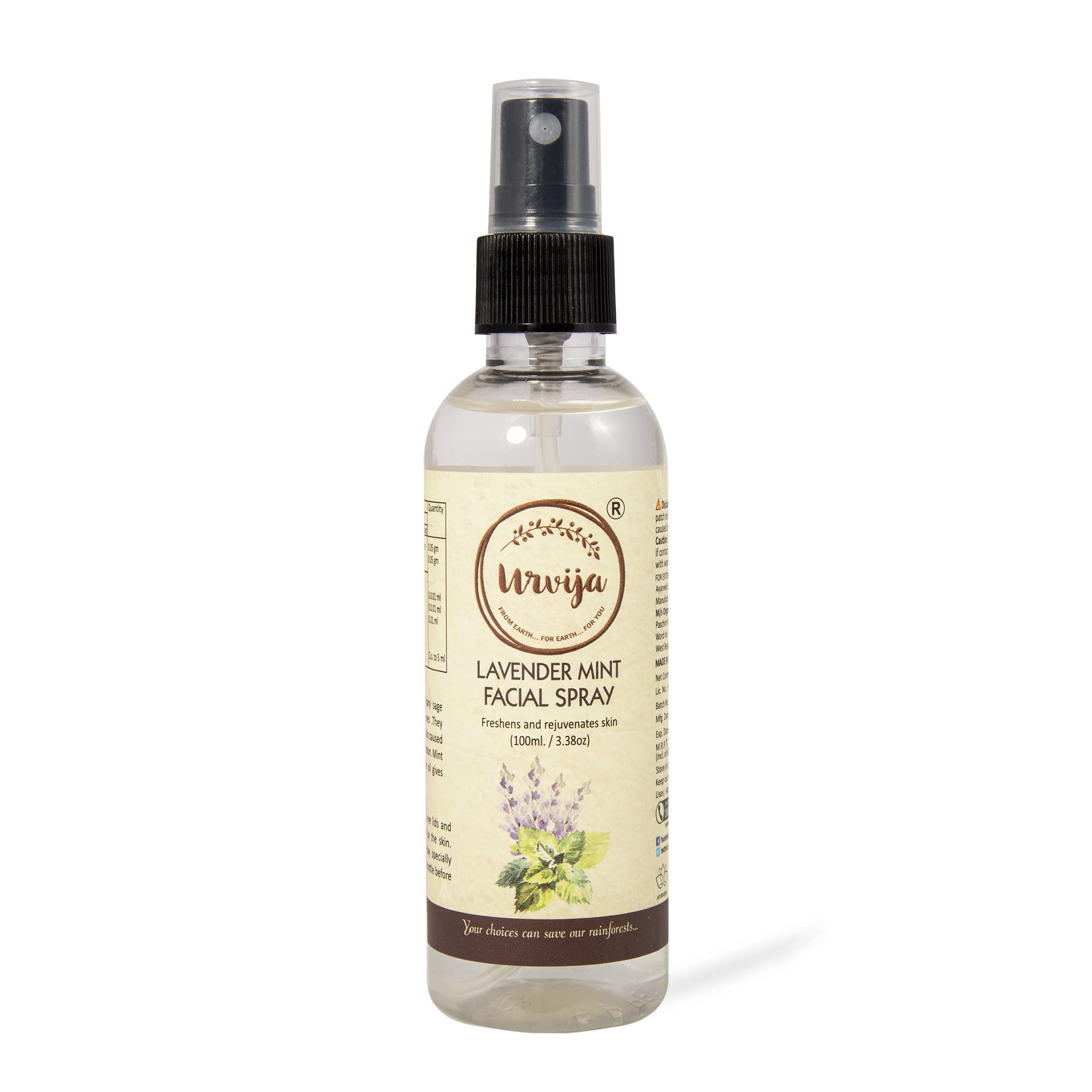 Urvija Lavender Mint Facial Spray 100ml - Hydrating & Rejuvenating Face Mist for Dry Skin | Chemical-Free, Vegan, Paraben & Palm Oil Free | Perfect for Travel, Gym & Office Refreshment