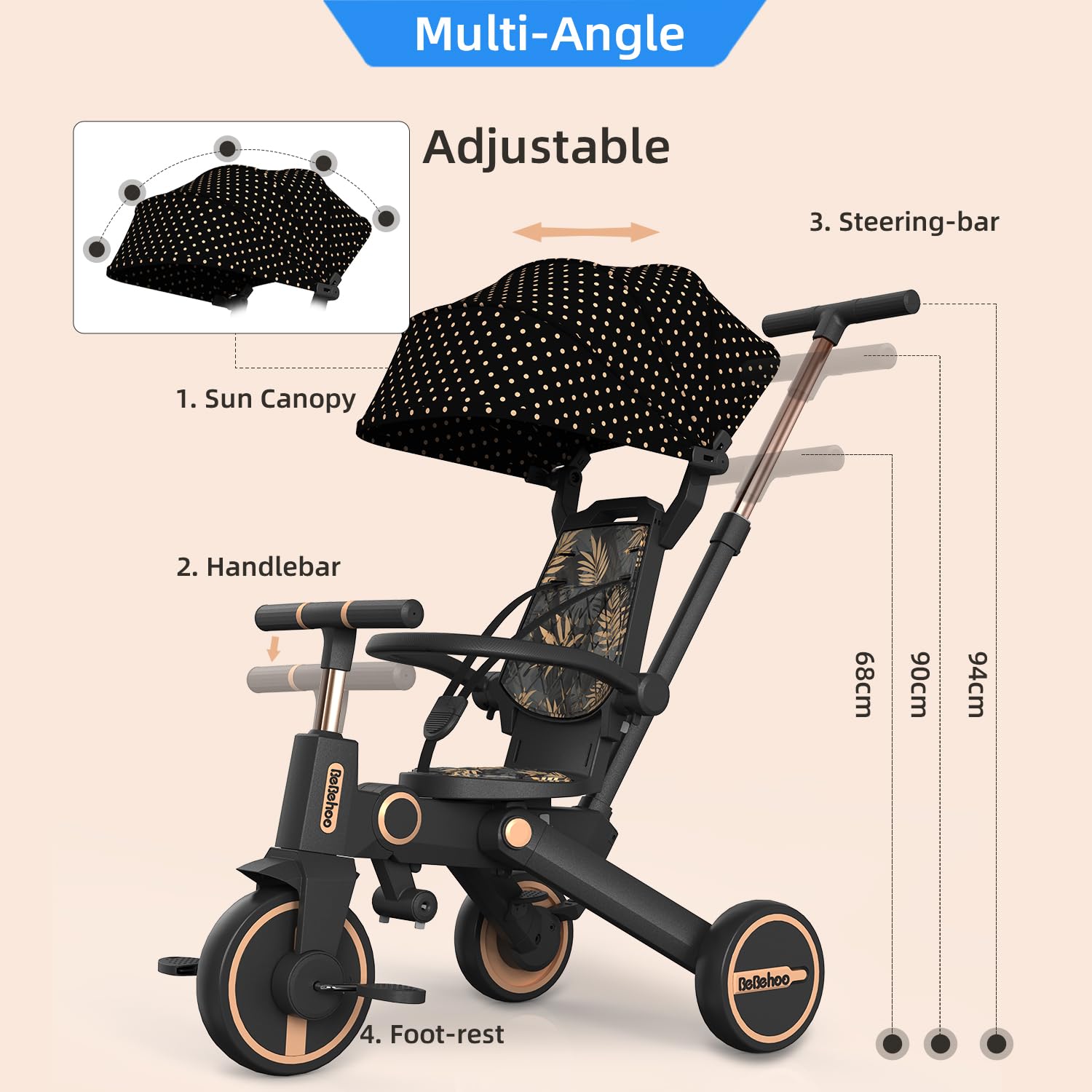 7-in-1 Foldable Tricycle Stroller for Toddlers 1-5 Years - Adjustable Kids Balance Bike with Push Handle, Safe Baby Tricycle for Outdoor Play, Park Rides & Neighborhood Walks (Gold)