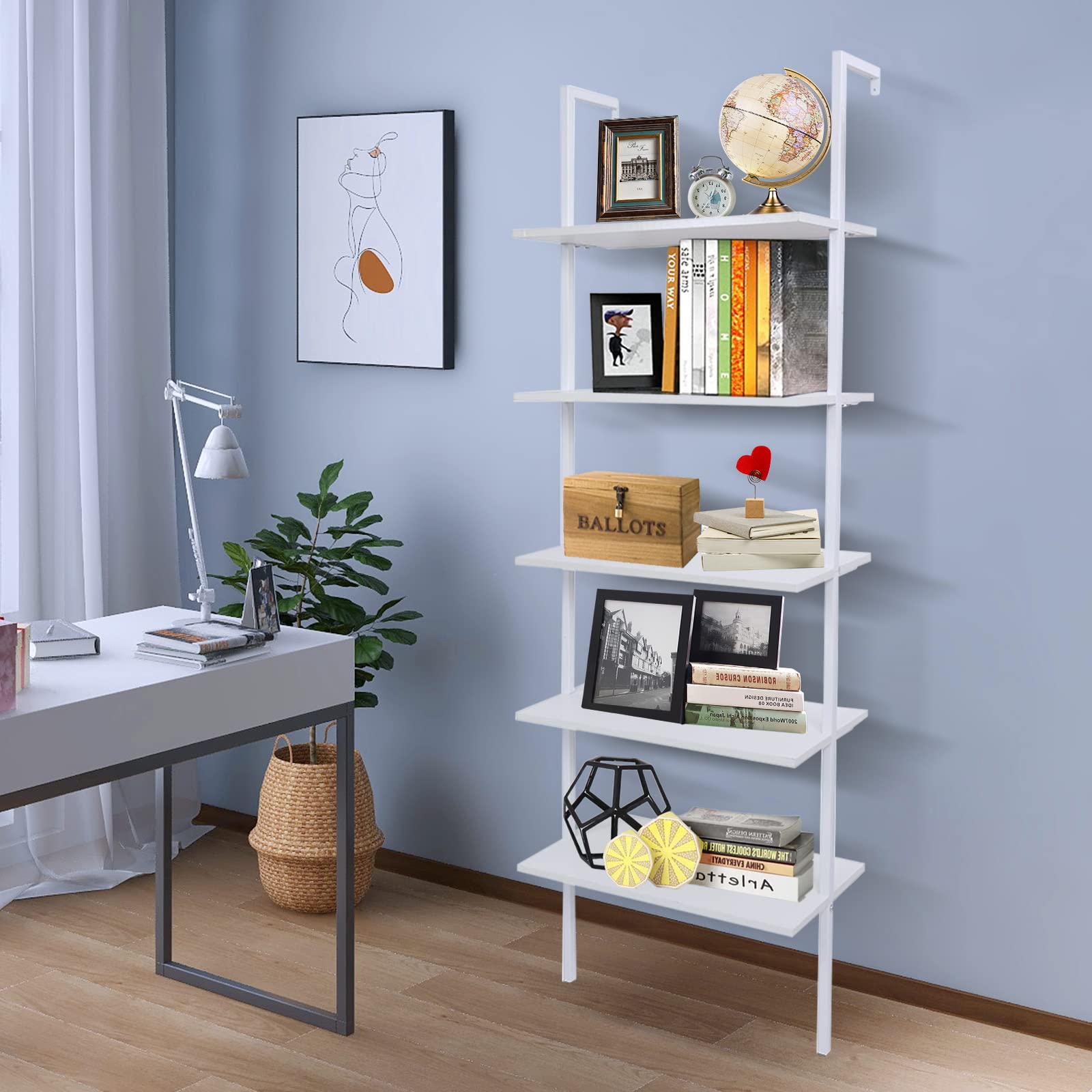 5-Tier Wall Mounted Ladder Shelf - Sturdy Metal Frame & Wood Shelves - Modern Bookshelf for Living Room, Bedroom, Office - Space-Saving Storage Solution for Books, Decor & Essentials (24
