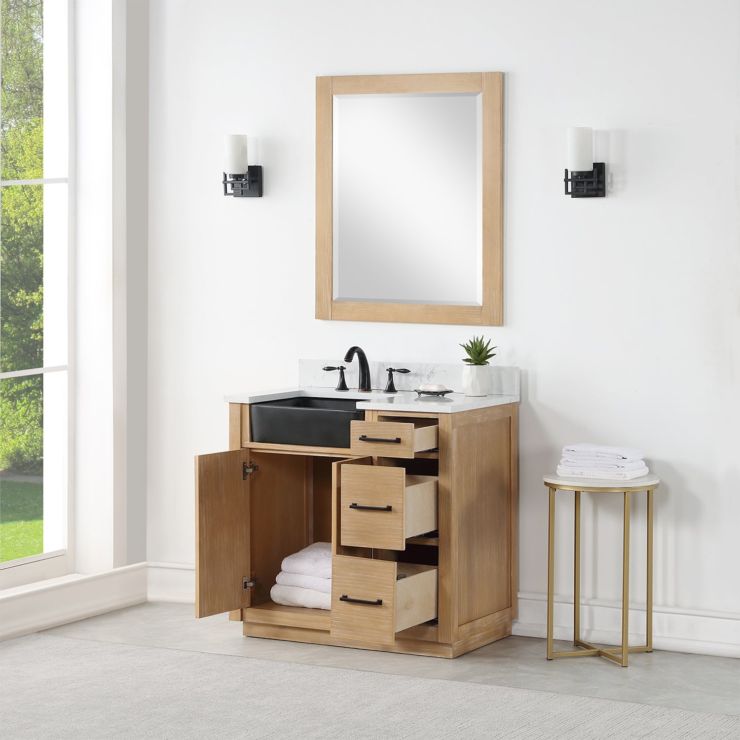 Novago 36 Inch Single Bathroom Vanity Set with Composite Aosta White Stone Countertop & Farmhouse Sink - Modern Farmhouse Style for Small Bathrooms, Powder Rooms & Guest Baths