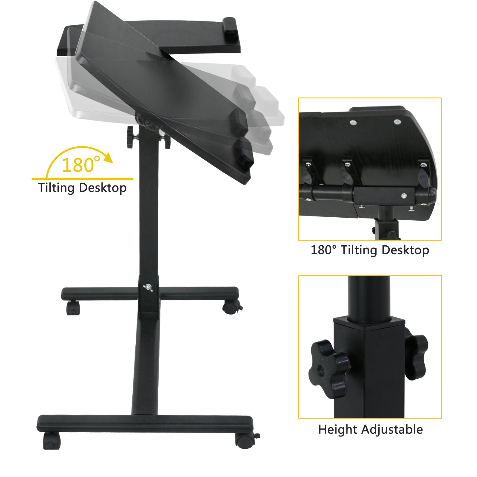Adjustable Overbed Rolling Laptop Stand with Lockable Wheels - Height & Angle Adjustable Mobile Table for Sofa, Bed & Hospital Use - Perfect for Work, Study & Patient Care