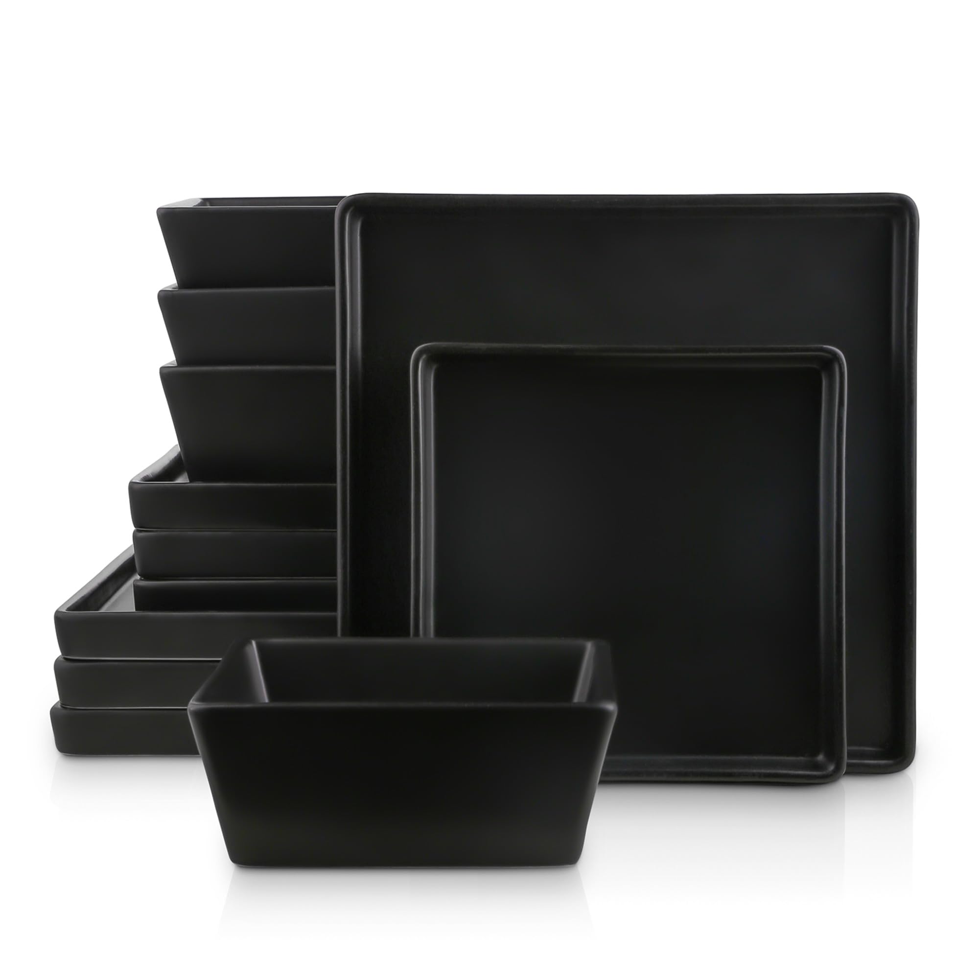 Premium 12-Piece Stoneware Dinnerware Set for 4 - Black Square Plates & Bowls - Durable Stone Lain Grace Collection - Perfect for Family Dinners, Entertaining Guests & Restaurant-Style Dining