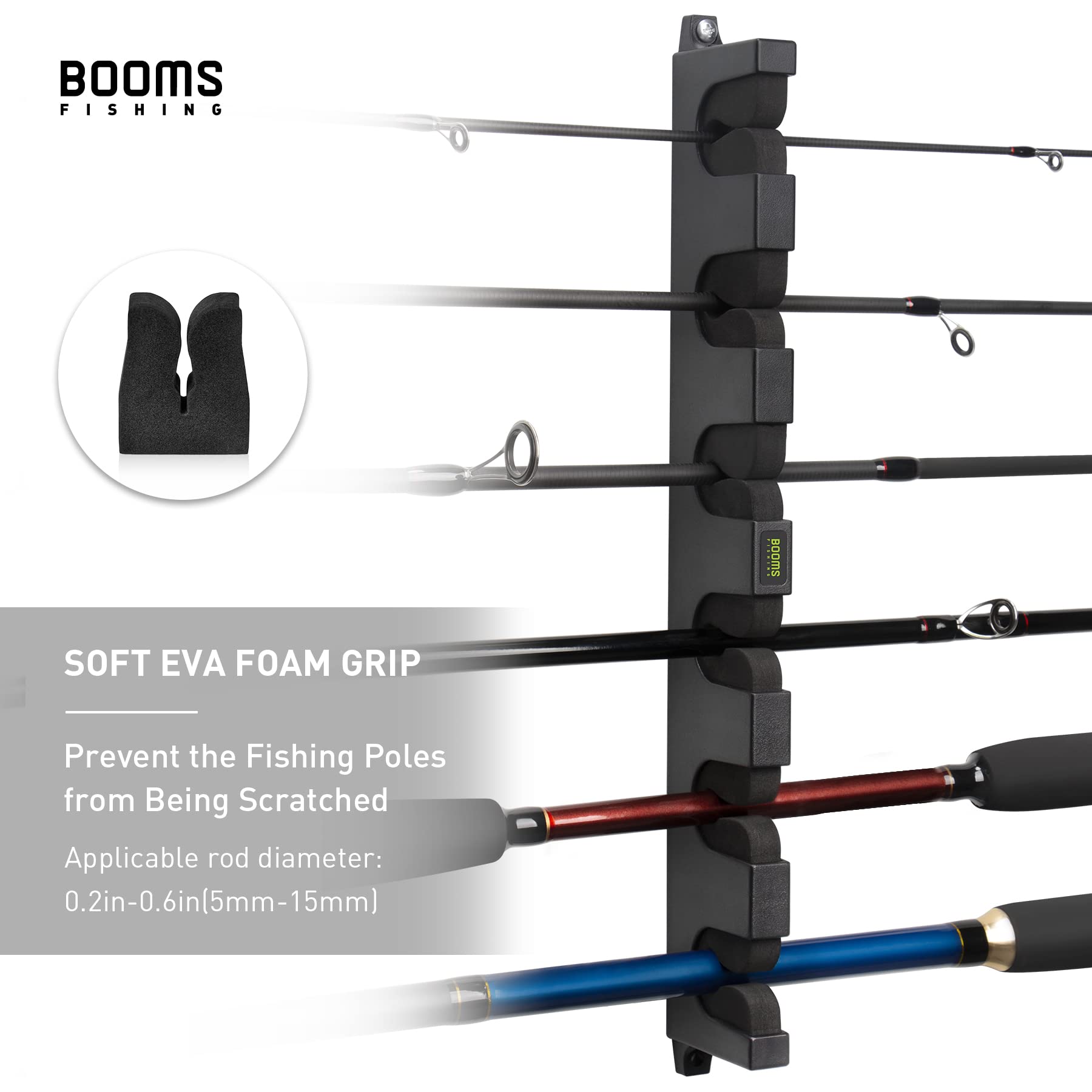 Booms Fishing WV5 Horizontal Fishing Rod Holder - Wall Mounted Garage & Kayak Storage Rack for 6 Rod and Reel Combos (14.6