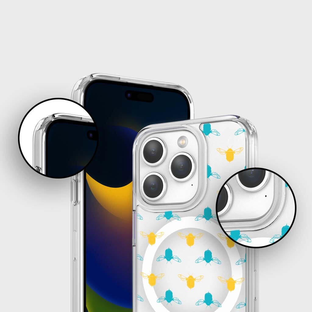 iPhone 15 Pro Clear Case with Blue & Yellow Bumble Design - Slim Protective Cover for Everyday Use, Work & Travel