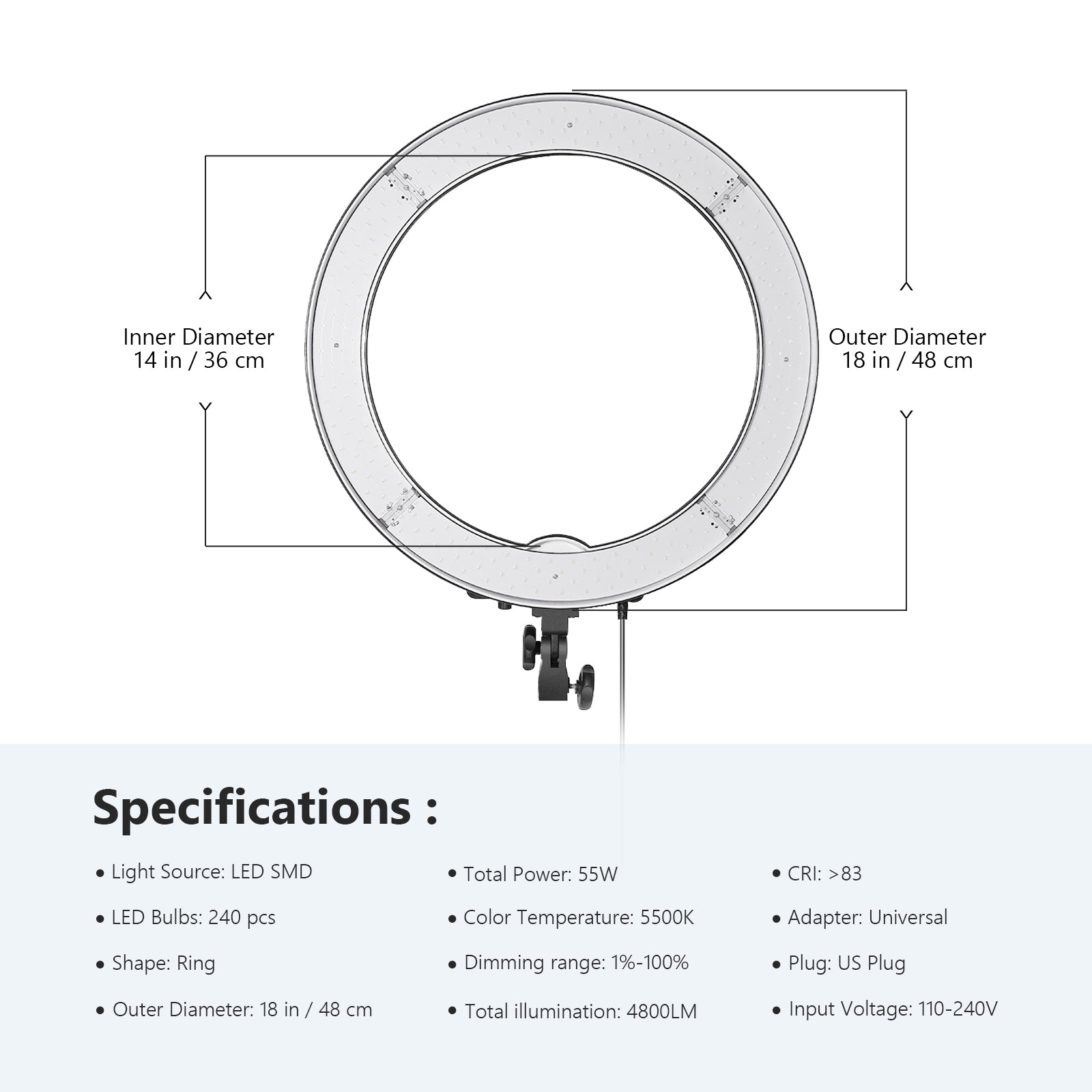 NEEWER RL 18 18-Inch 55W LED Ring Light for Photography, YouTube Videos, TikTok Live Streaming - Perfect for Portrait, Beauty, Product Photography & Makeup Tutorials (Stand Not Included)