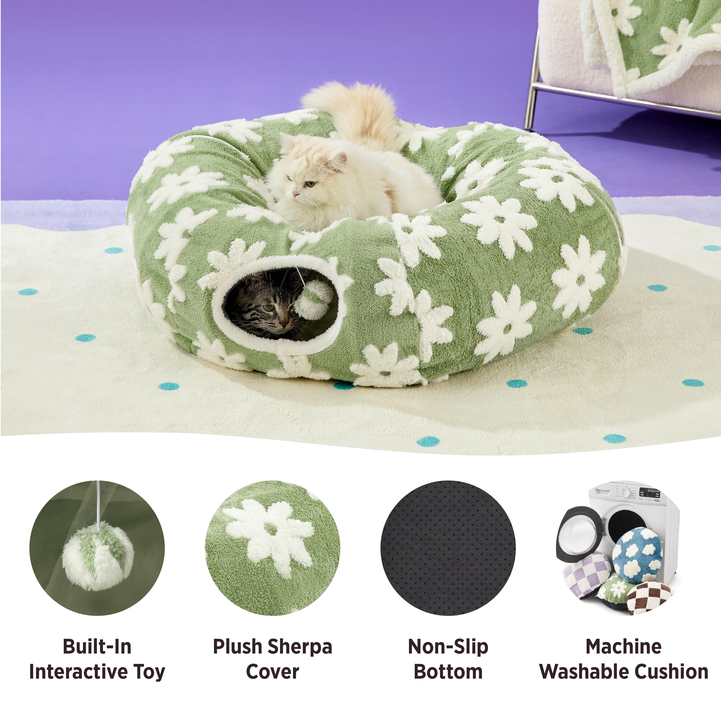Lesure Cat Tunnel Bed for Indoor Cats - Washable Donut Tunnel with Cushion, Round Peekaboo Cave Toy for Kittens, Puppies & Rabbits | Green Pet Hideaway for Playtime, Napping & Stress Relief