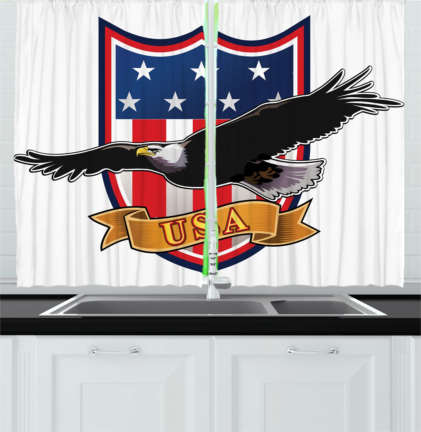 Ambesonne Patriotic American Kitchen Curtains - USA Flag & Eagle Design, 55