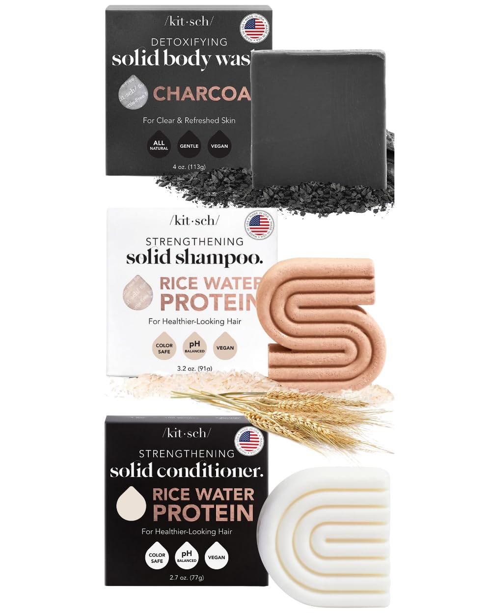 Kitsch Detoxifying Charcoal Body Wash Bar & Rice Shampoo Bar Set - Natural Vegan Shampoo & Conditioner Bars for Hair & Body Care - Perfect for Travel, Gym & Eco-Friendly Bath Routine