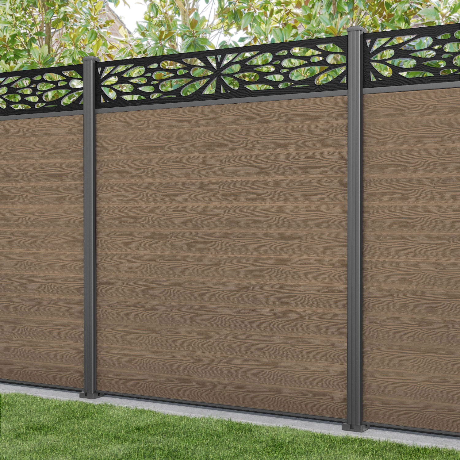 Classic Blossom Teak Wood Fence Panel with Aluminum Posts - Durable Outdoor Garden Fencing for Patio, Yard, and Poolside Privacy