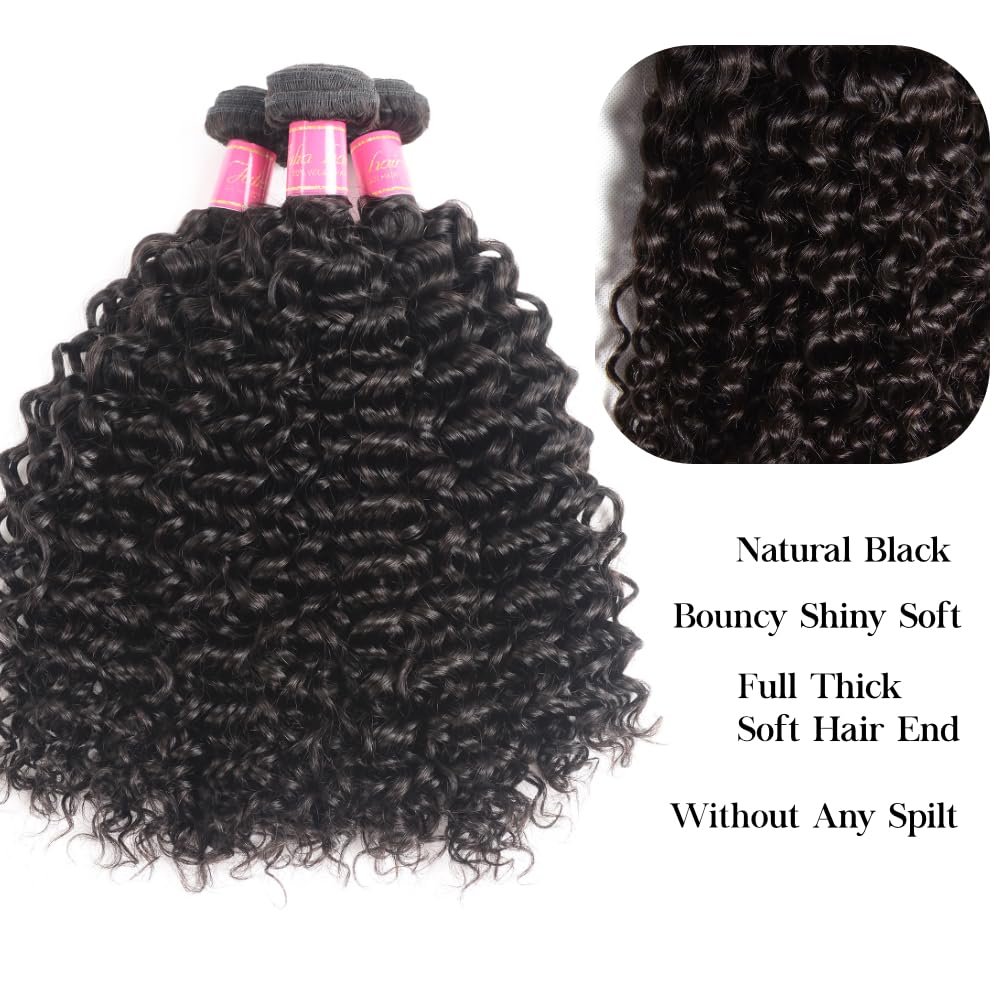 ALI JULIA 3-Pack 10A Malaysian Virgin Curly Hair Bundles - Unprocessed Human Hair Extensions (12/14/16 Inch) Natural Black Color for Women - Perfect for Daily Styling, Parties & Special Occasions