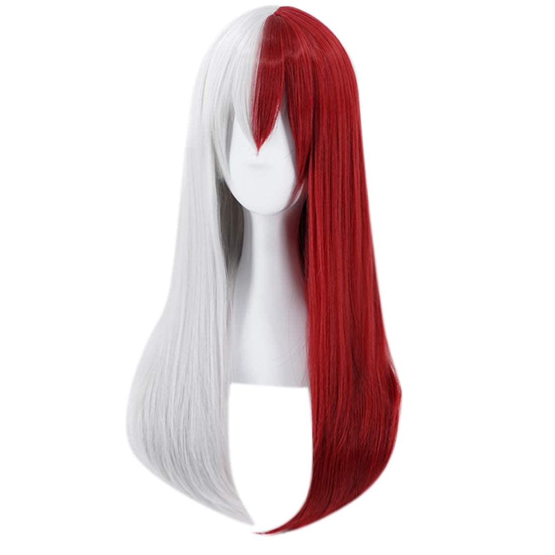 JoneTing Half Silver Half Red Long Straight Wig with Free Wig Cap | Ombre Red & White Cosplay Wig for Women | Perfect for Halloween Costumes, Anime Conventions, and Themed Parties