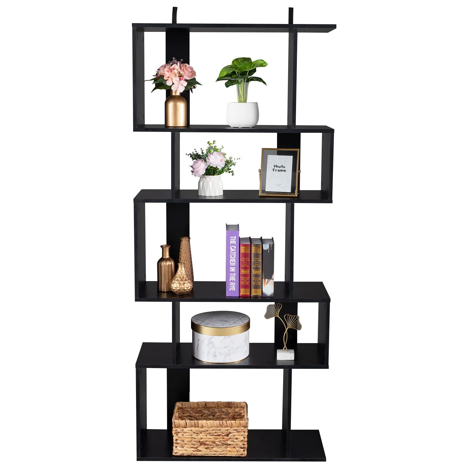 Keseno 5-Tier Freestanding Ladder Bookcase - 5-Cube Corner Storage Bookshelf & Closet Organizer for Home Office, Living Room, Bedroom - Black Display Cabinet for Books, Decor & Storage