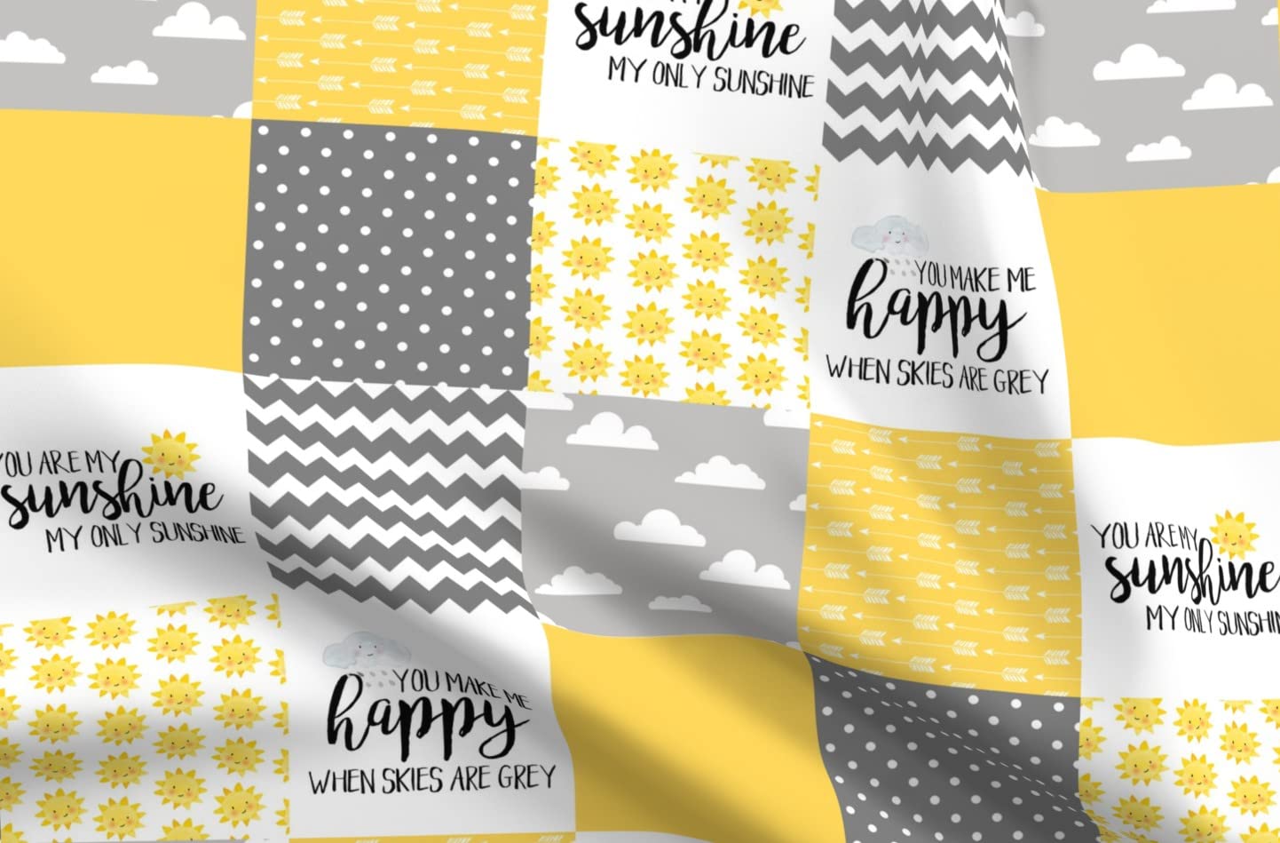 Sunshine Wholecloth Cheater Quilt Topper Fabric - Gray White Yellow Clouds & Sun Printed Minky Fabric by The Yard for Sewing Baby Blankets, Quilt Backing & Plush Projects - Soft & Cozy DIY Craft Material for Nursery Decor & Gift Making