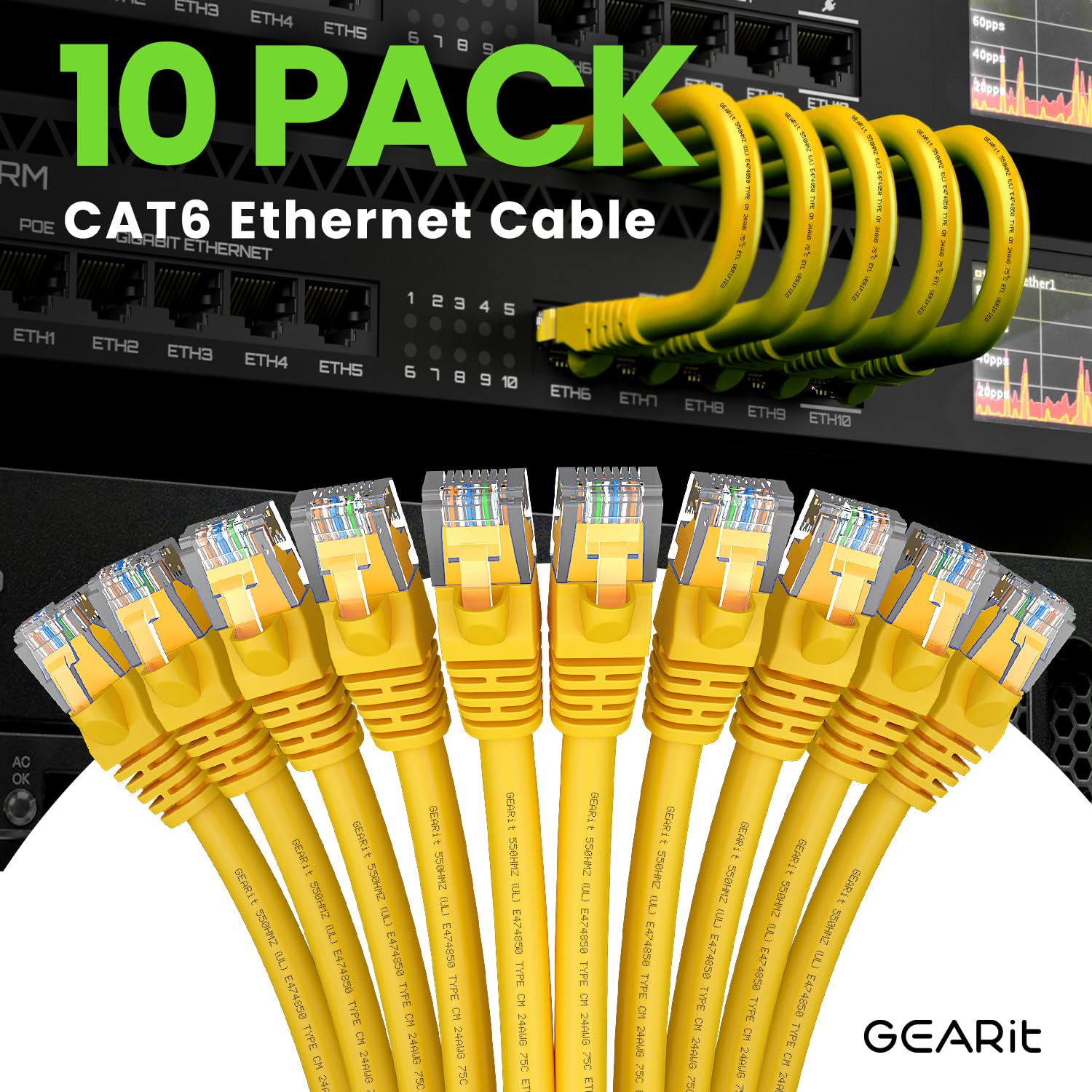 GearIT Cat 6 Ethernet Cable 10-Pack (15 Feet) - 10Gbps High-Speed Snagless RJ45 Network Patch Cord with Gold-Plated Connectors for PC, TV, Tablet, Router, Printer, Server & Data Center - Durable Yellow Cables for Home Office & IT Networking