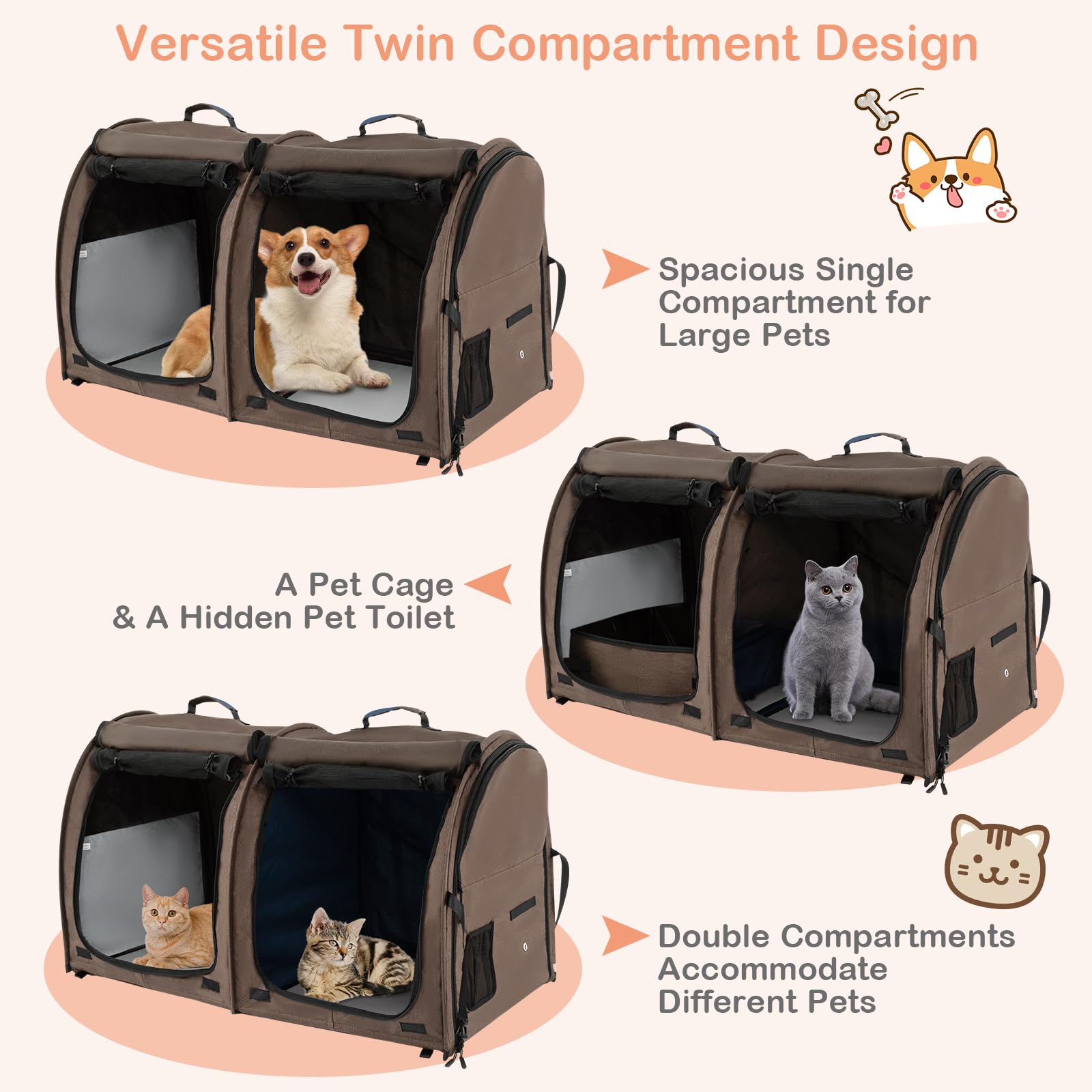Giantex 40 Inch Large Cat Carrier with Double Compartments - Travel Litter Box Included, 2 Removable Hammocks & Mats - Portable Pet Kennel for Cats & Small Dogs - Comes with Carry Bag - Perfect for Car Trips, Camping & Vet Visits (Brown)