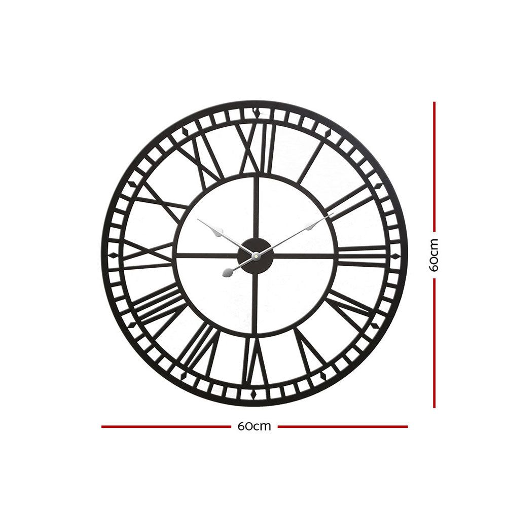 Artiss 60CM Large Round Wall Clock with Roman Numerals - Elegant Metal Luxury Home Decor in Black - Perfect for Living Room, Bedroom & Office