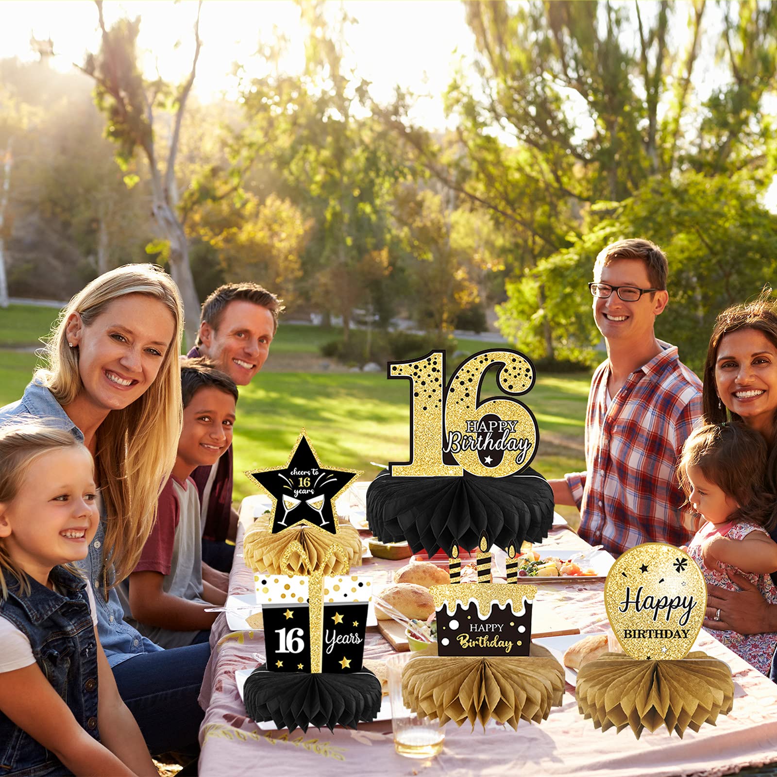 16th Birthday Party Decorations for Boys - 9-Piece Black & Gold Honeycomb Centerpieces, Table Toppers & Party Supplies | Cheers to 16 Years | Perfect for Sweet 16, Milestone Celebrations & Teen Birthday Parties