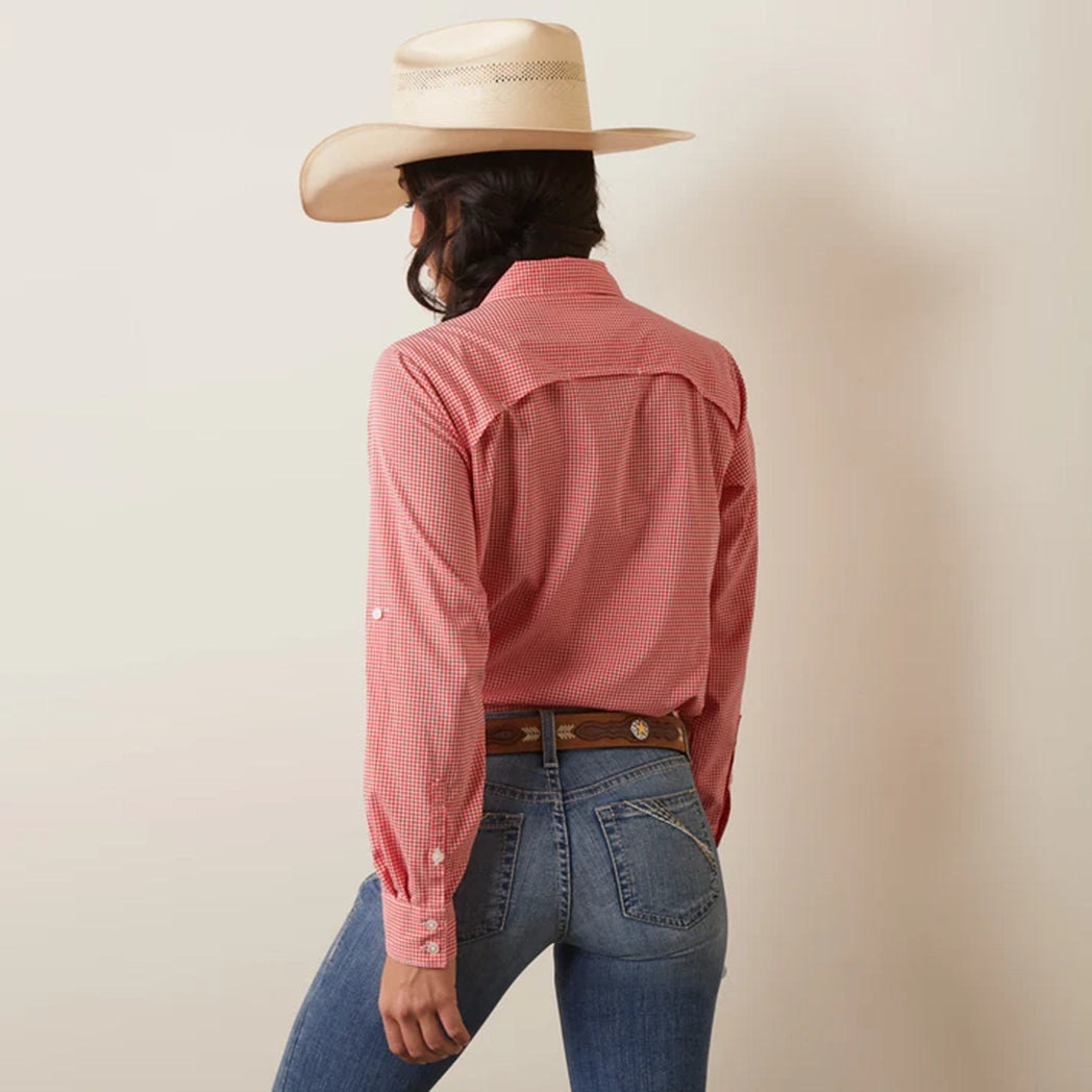 Ariat Women's Vent Tek Long Sleeve Shirt - Breathable Performance Top for Riding & Outdoor Activities | Aura Orange/White Check Pattern | Equestrian & Casual Wear