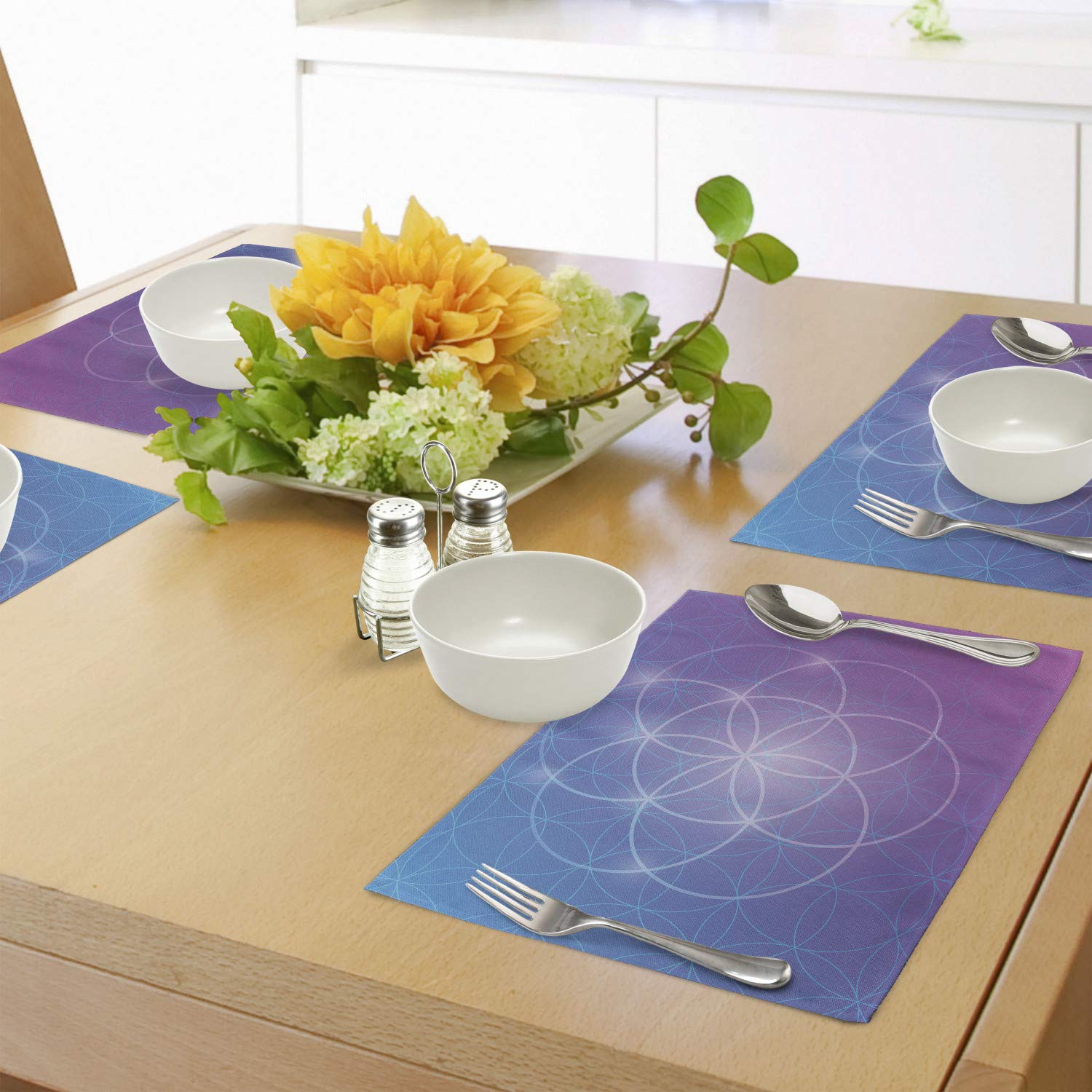 Ambesonne Geometry Place Mats Set of 4 - Round 2D Space Axis Historical Art Design, Washable Fabric Table Mats for Dining Room & Kitchen Decor in Blue & Purple - Perfect for Dinner Parties, Holiday Meals & Everyday Use