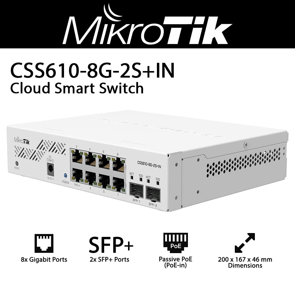 Mikrotik CSS610-8G-2S+ Cloud Smart Switch - 8 Port Gigabit Ethernet & 2 SFP+ 10G Fiber Ports with PoE-in | Ideal for Office Networks, Data Centers & High-Speed Connectivity