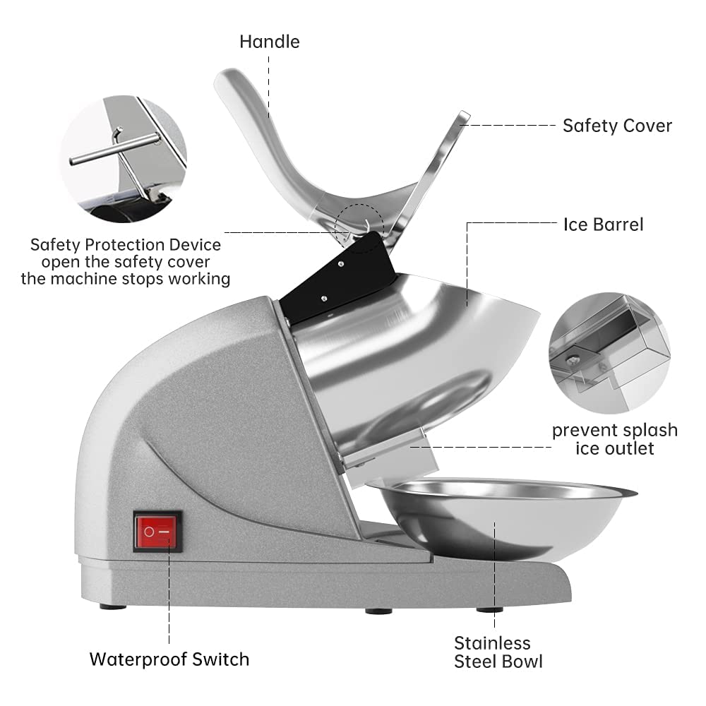 Electric Ice Crusher Machine with 3 Blades - 300W Stainless Steel Shaved Ice Maker for Home, Cafe, Hotel & Restaurant - Perfect for Cocktails, Smoothies, and Desserts