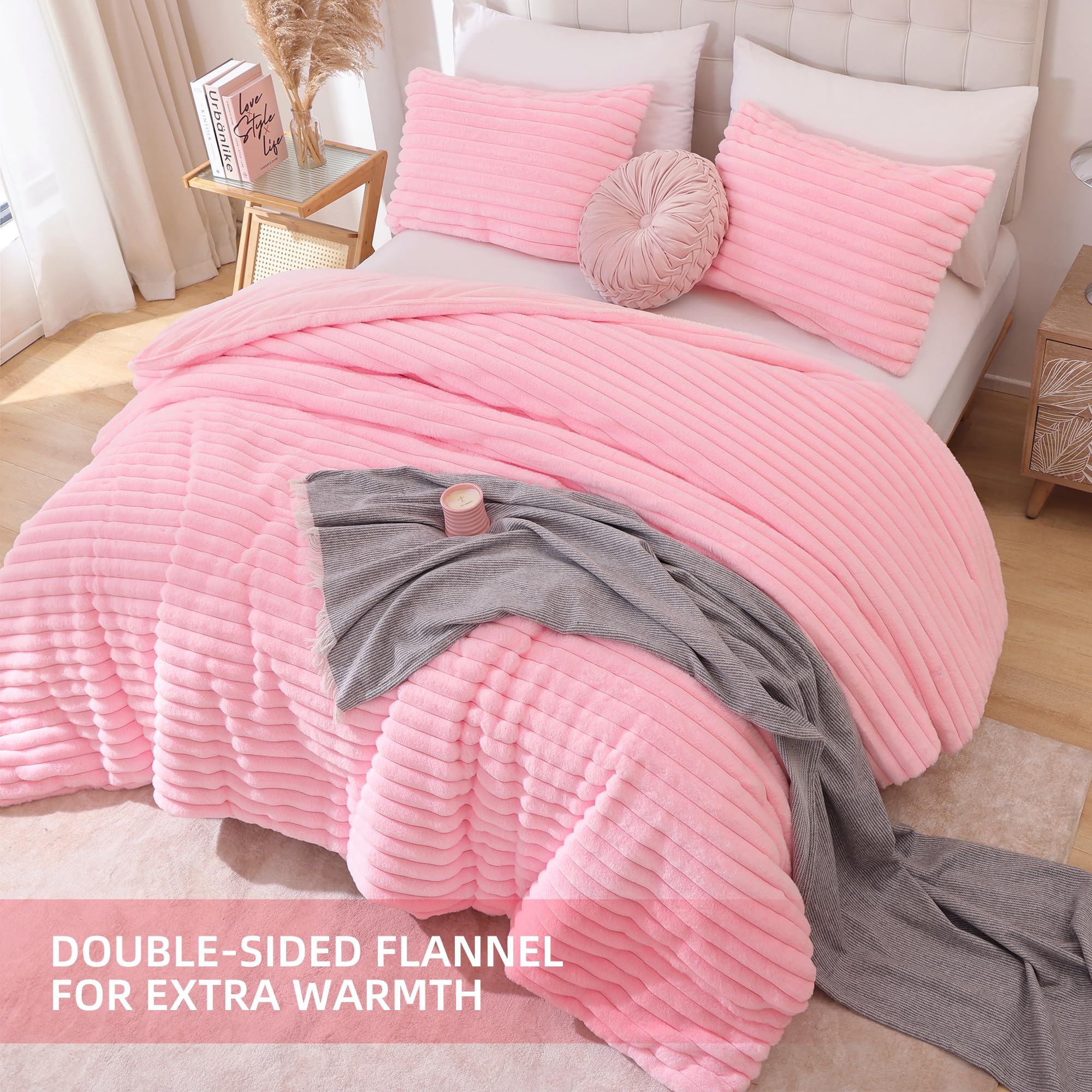 Luxury Pink Fleece Fluffy Queen Comforter Set - 3 Piece Soft Warm Faux Fur Bedding with 2 Pillow Shams | All Season Cozy Fuzzy Blanket for Bedroom, Guest Room & Dorm Decor | Ultra Plush Winter Comforter for Women & Teens