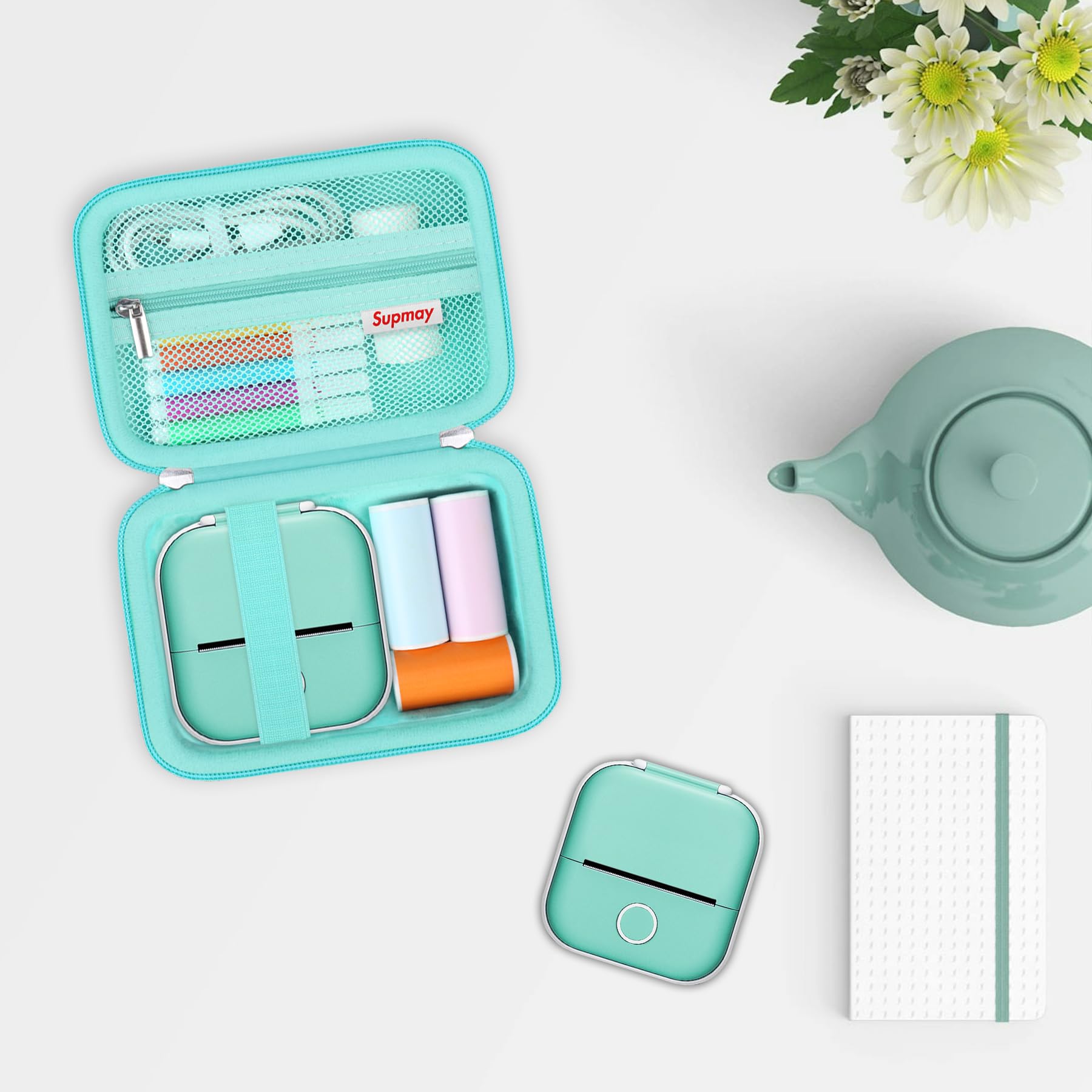 Supmay Hard Protective Case for Memoking T02 Mini Thermal Sticker Printer - Portable Storage Organizer with Mesh Pocket for Printer, Sticker Paper & USB Cable (Green) - Perfect for Home, Office & Crafting Use