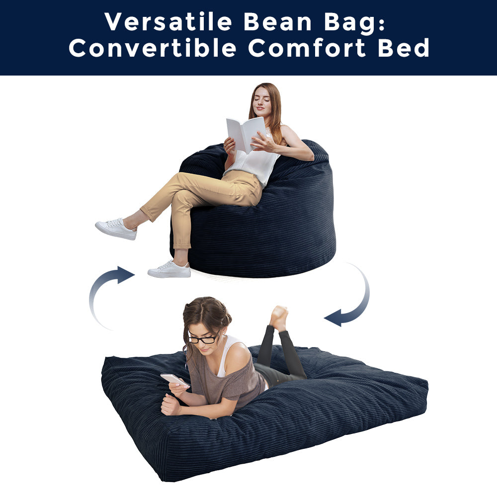 MAXYOYO 4ft Convertible Bean Bag Bed - Corduroy Oversized Bean Bag Chair with Removable Cover, Navy Blue | Perfect for Living Room Lounging, Bedroom Relaxation & Dorm Room Comfort