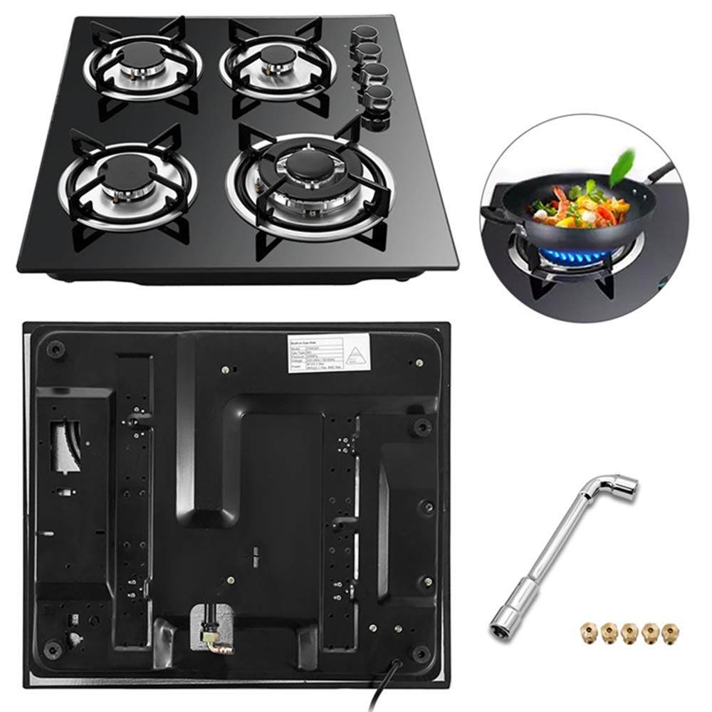 23 Inch 4-Burner Gas Cooktop with Tempered Glass Surface - LPG/NG Dual Fuel Drop-in Gas Hob Panel Conversion Kit (Model DK123-A01S) - Easy Installation for Modern Kitchens | Perfect for Home Cooking, RV Use & Outdoor Kitchens