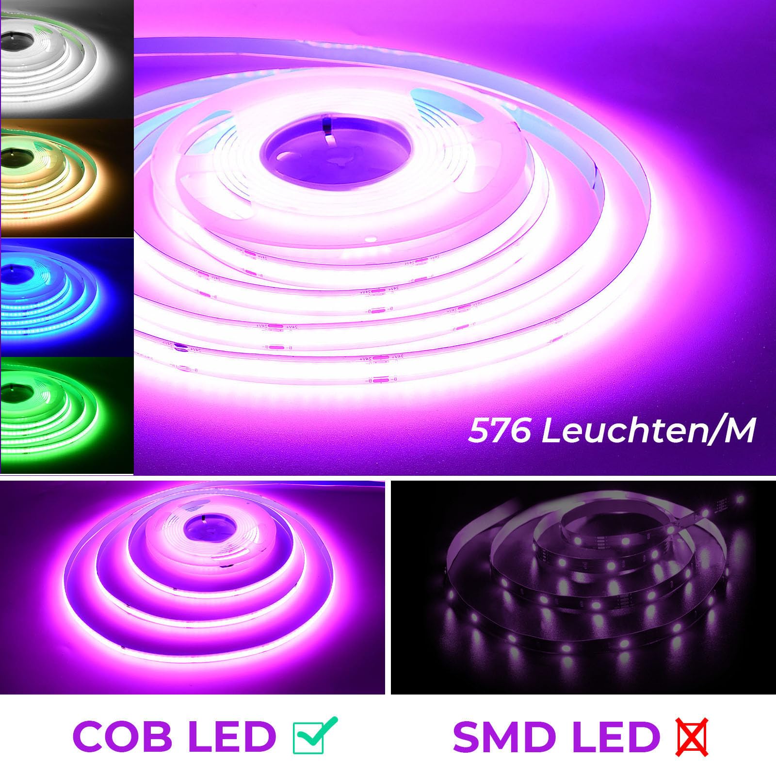 SUBOSI 16.4ft RGB LED Strip Lights, 576 LEDs/M, 2880 LEDs Total, 24V, Flexible & Dimmable COB LED Light Strips for Bedroom, Kitchen, Gaming Room, Party Decor