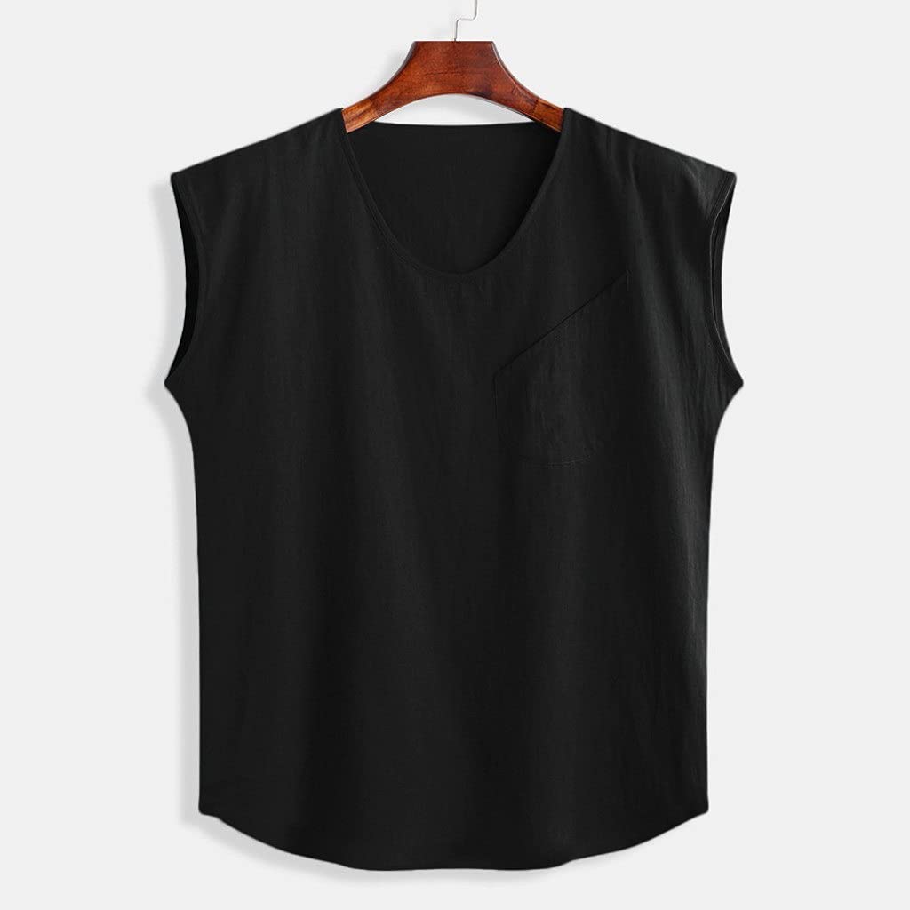 HTKLCZ Men's Summer Cotton Linen Sleeveless Tank Top - Breathable Loose Fit Casual Vest with Pocket, O-Neck Design (Black, XL) - Perfect for Beach, Gym, and Outdoor Activities