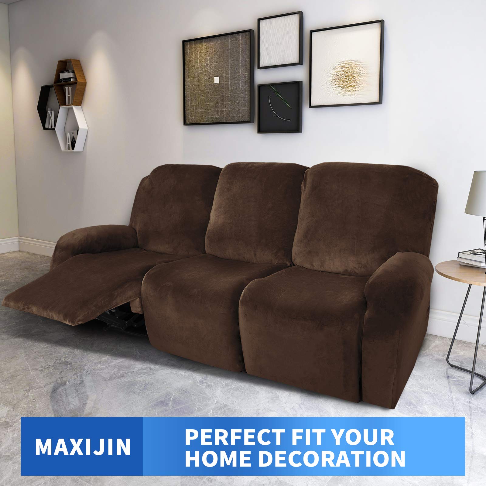 MAXIJIN 8-Piece Stretch Velvet Recliner Sofa Covers Set - Soft Washable Slipcovers for 3-Cushion Reclining Couches (Dark Coffee) - Perfect for Living Room, Home Theater & Family Room Furniture Protection