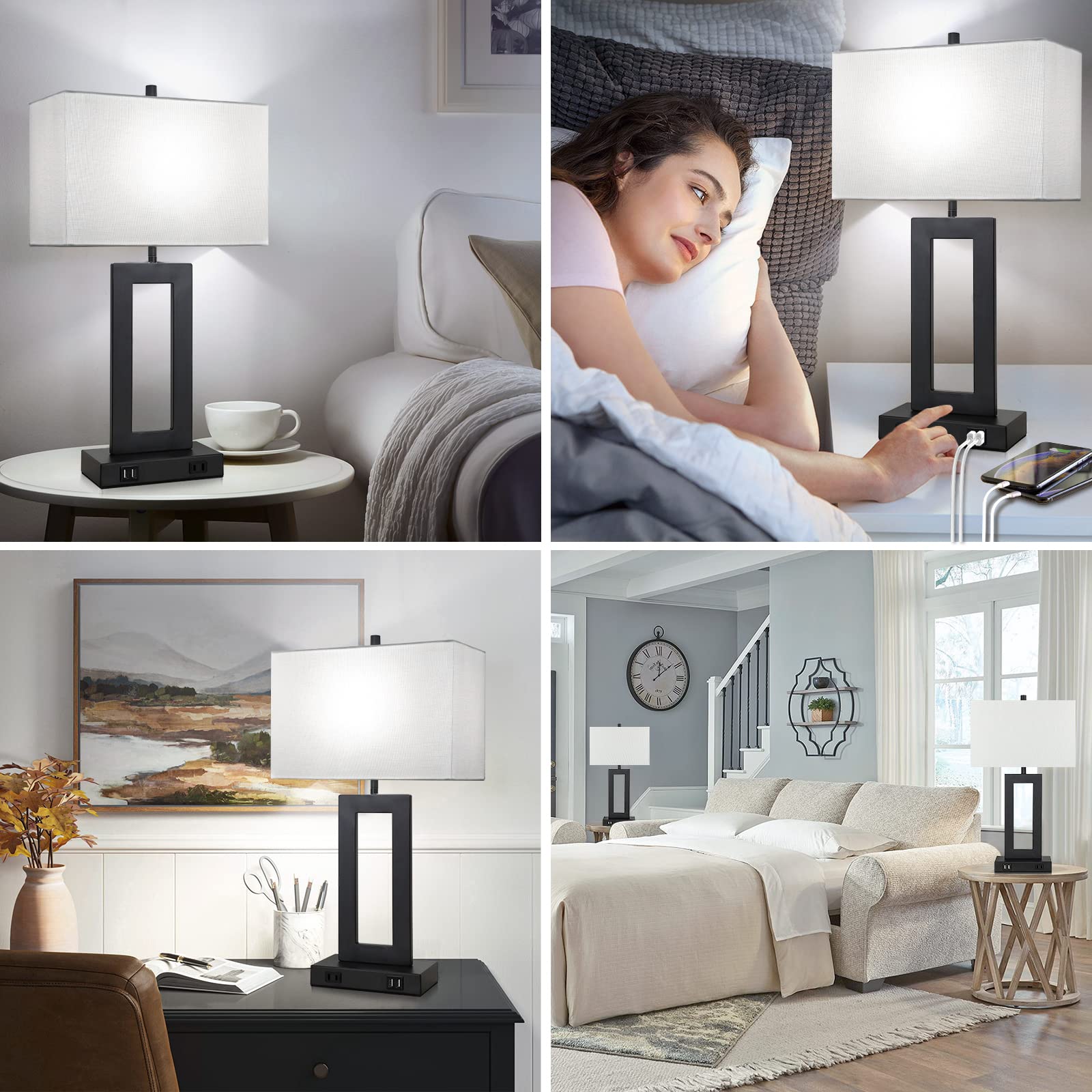 Set of 2 Modern Touch Control Table Lamps with 2 USB Ports - 22’’ Large Bedside Nightstand Lamps, 3-Way Dimmable Desk Lamp with White Fabric Shade - Perfect for Bedrooms, Living Rooms & Reading - Includes 2 LED Bulbs - Ideal for Home Office, Dorm Room & Nighttime Reading