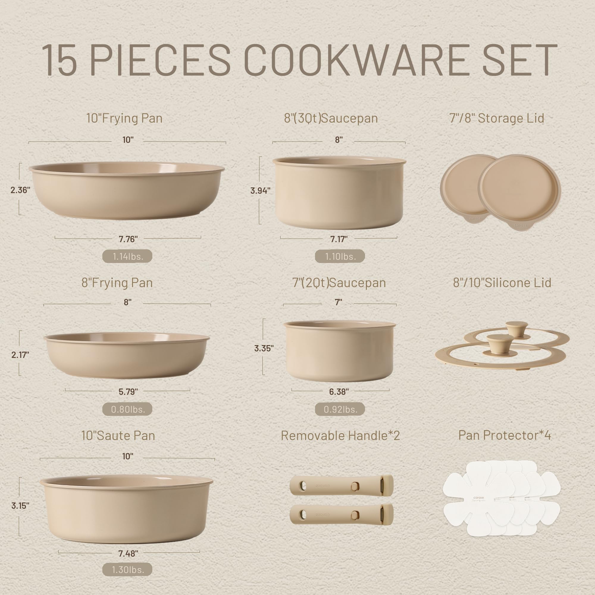 CAROTE 15-Piece Ceramic Nonstick Cookware Set - Induction Compatible Pots and Pans with Detachable Handles, Oven & Dishwasher Safe, Taupe - Perfect for RV, Apartment & Small Space Cooking