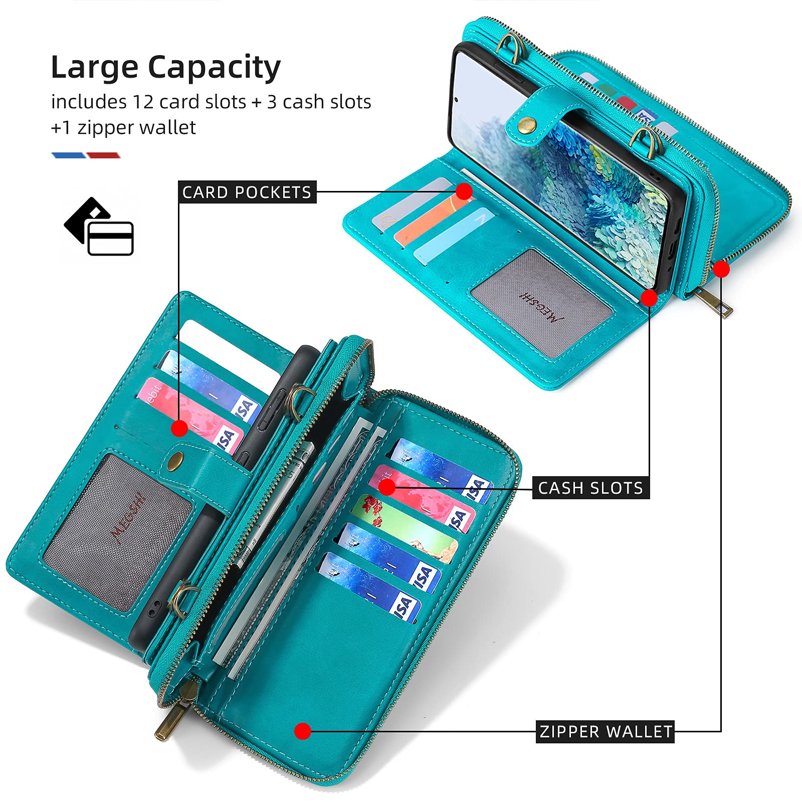 iPhone 12 Wallet Case with Crossbody Chain Strap – Multi-Function Phone Case with 13 Card Slots, 3 Cash Pockets & Zippered Wallet | Perfect for Travel, Shopping & Everyday Use