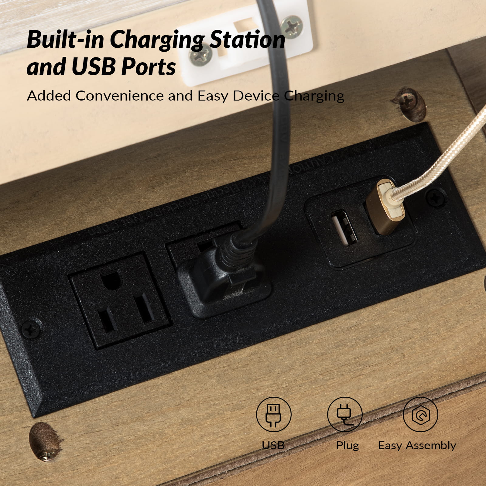 Galatea 3-Drawer Nightstand with USB Charging Ports & Power Outlets - Modern Bedside Table with Storage for Bedroom, Living Room or Office