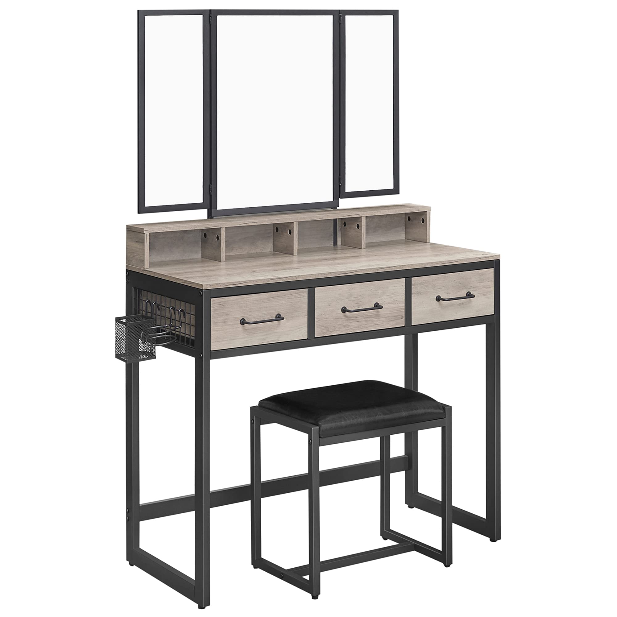VASAGLE Industrial Vanity Table Set with Upholstered Stool, Tri-Fold Mirror & 3 Drawers - Greige & Black Makeup Dressing Desk with Hair Dryer Stand | Perfect for Bedroom, Dorm Room & Beauty Salon (URVT004B02)