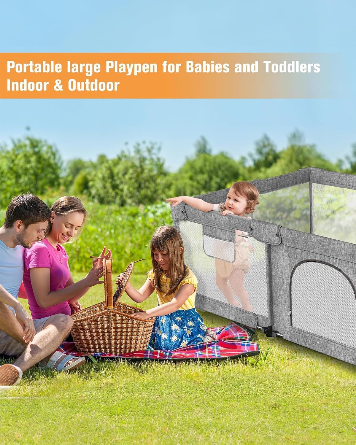 Foldable Baby Playpen with Gate - Extra Large Collapsible Play Yard for Babies & Toddlers - Portable Travel Playpen - Baby Activity Center for Indoor & Outdoor Use - Safe Play Area for Home, Travel & Park (Grey, 51