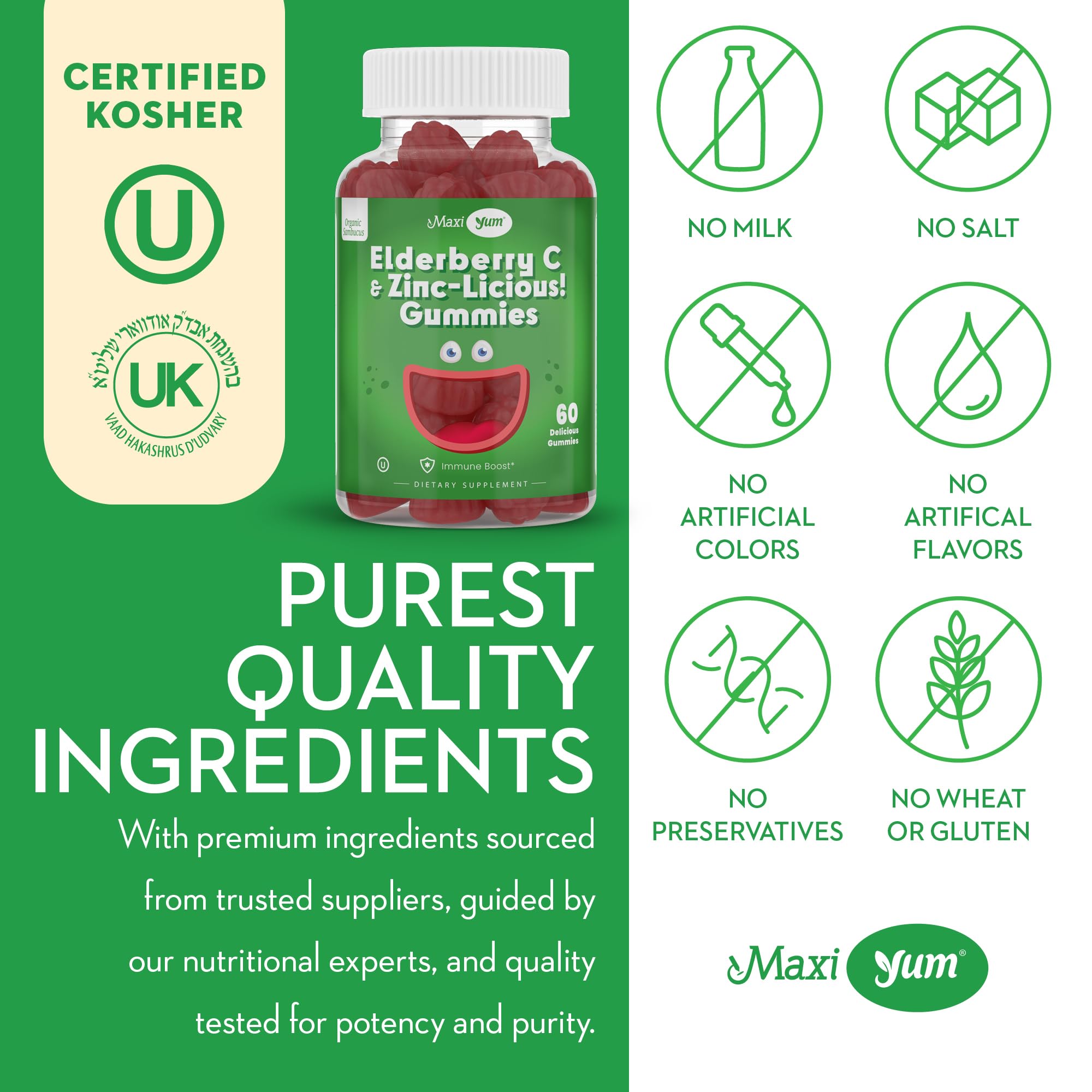 Organic Elderberry Zinc Gummies with Vitamin C - Vegan Immune Support Supplement for Adults & Kids - Sambucus Chewable Immunity Booster - 60 Gummies for Daily Wellness & Cold Season Defense