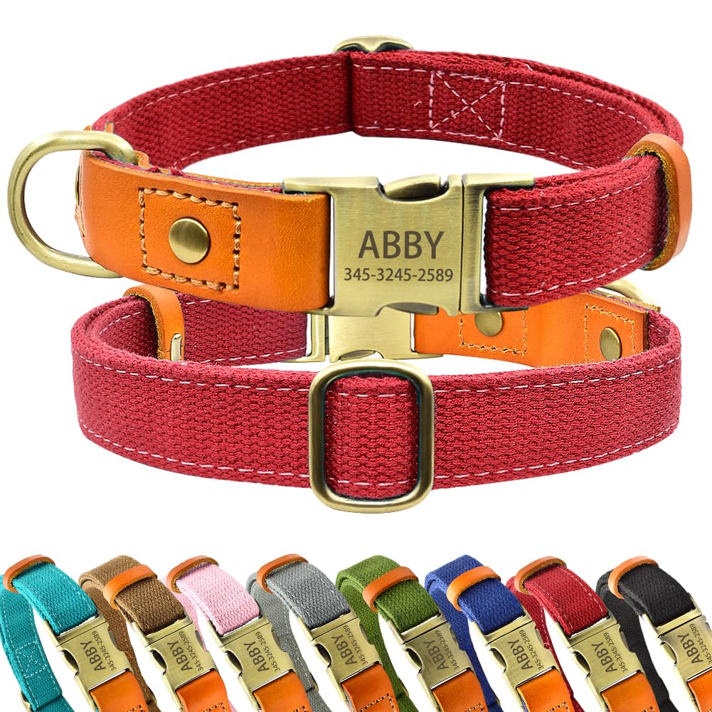 Custom Engraved Dog Collar for Small Medium Large Dogs - Personalized Nylon & Genuine Leather Pet Collar with Name Plate (Red, S 3/5