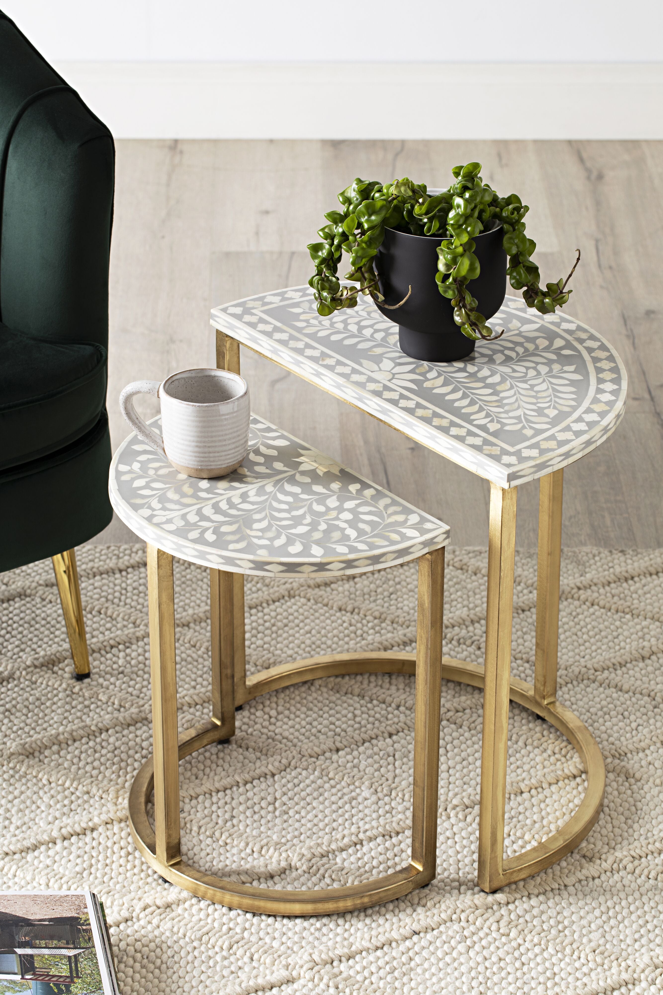 Bone Inlay Half Moon Side Table with Gold Frame - 44cm Grey Accent Table for Living Room, Bedroom & Entryway Decor